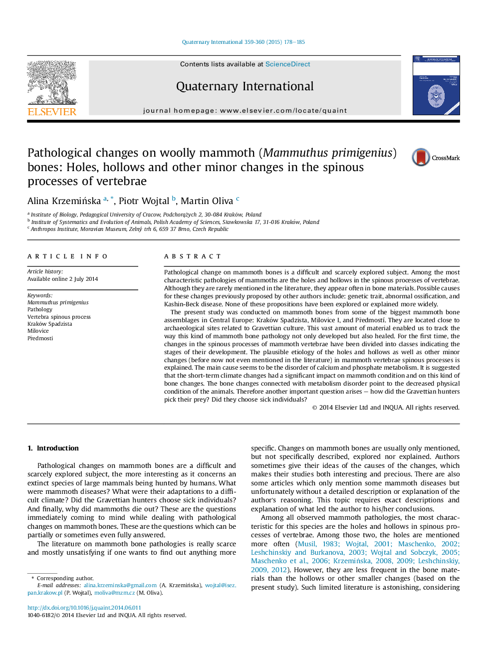 Pathological changes on woolly mammoth (Mammuthus primigenius) bones: Holes, hollows and other minor changes in the spinous processes of vertebrae