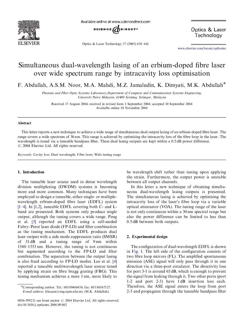 Simultaneous dual-wavelength lasing of an erbium-doped fibre laser over wide spectrum range by intracavity loss optimisation