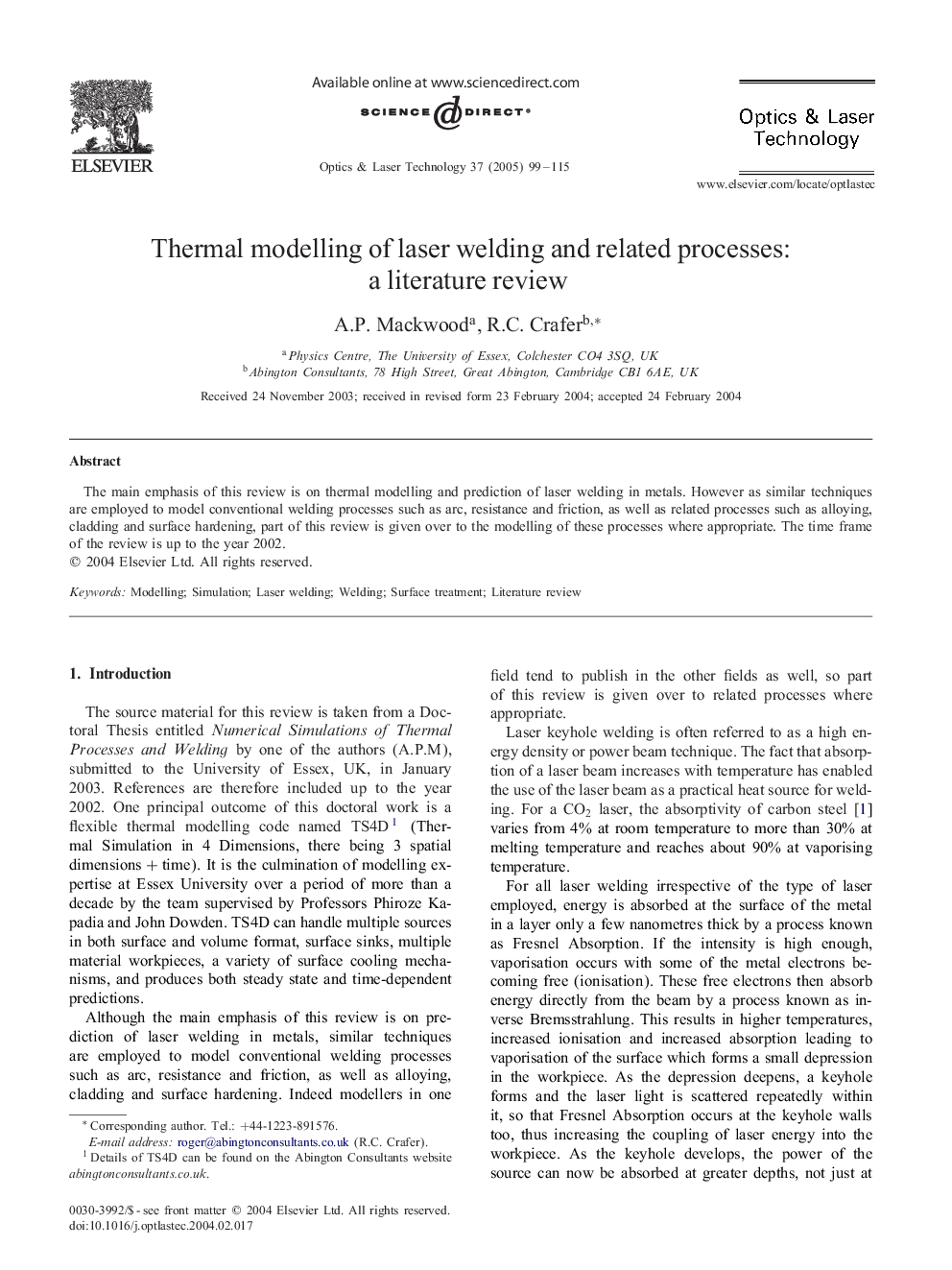 Thermal modelling of laser welding and related processes: a literature review