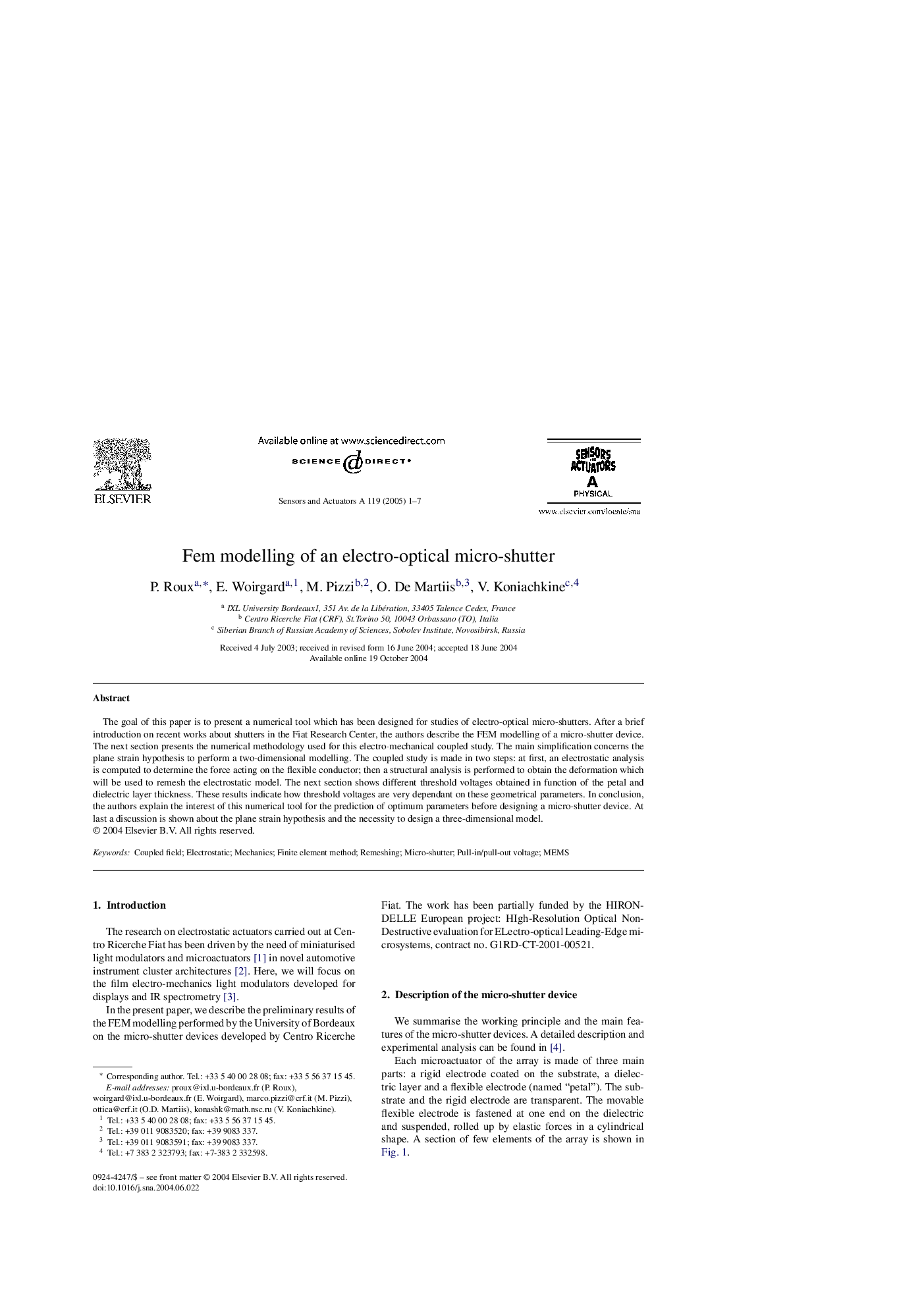 Fem modelling of an electro-optical micro-shutter