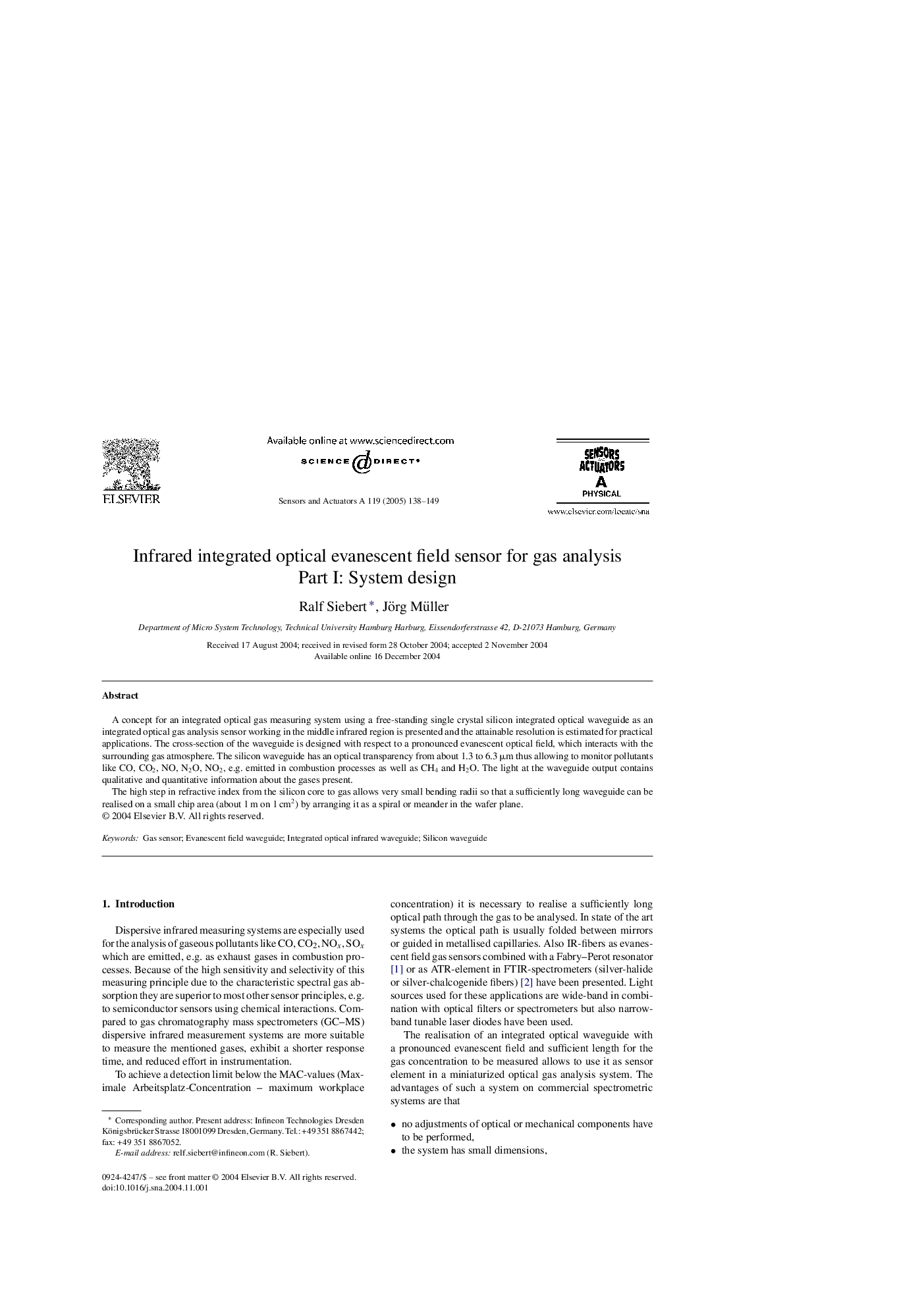 Infrared integrated optical evanescent field sensor for gas analysis