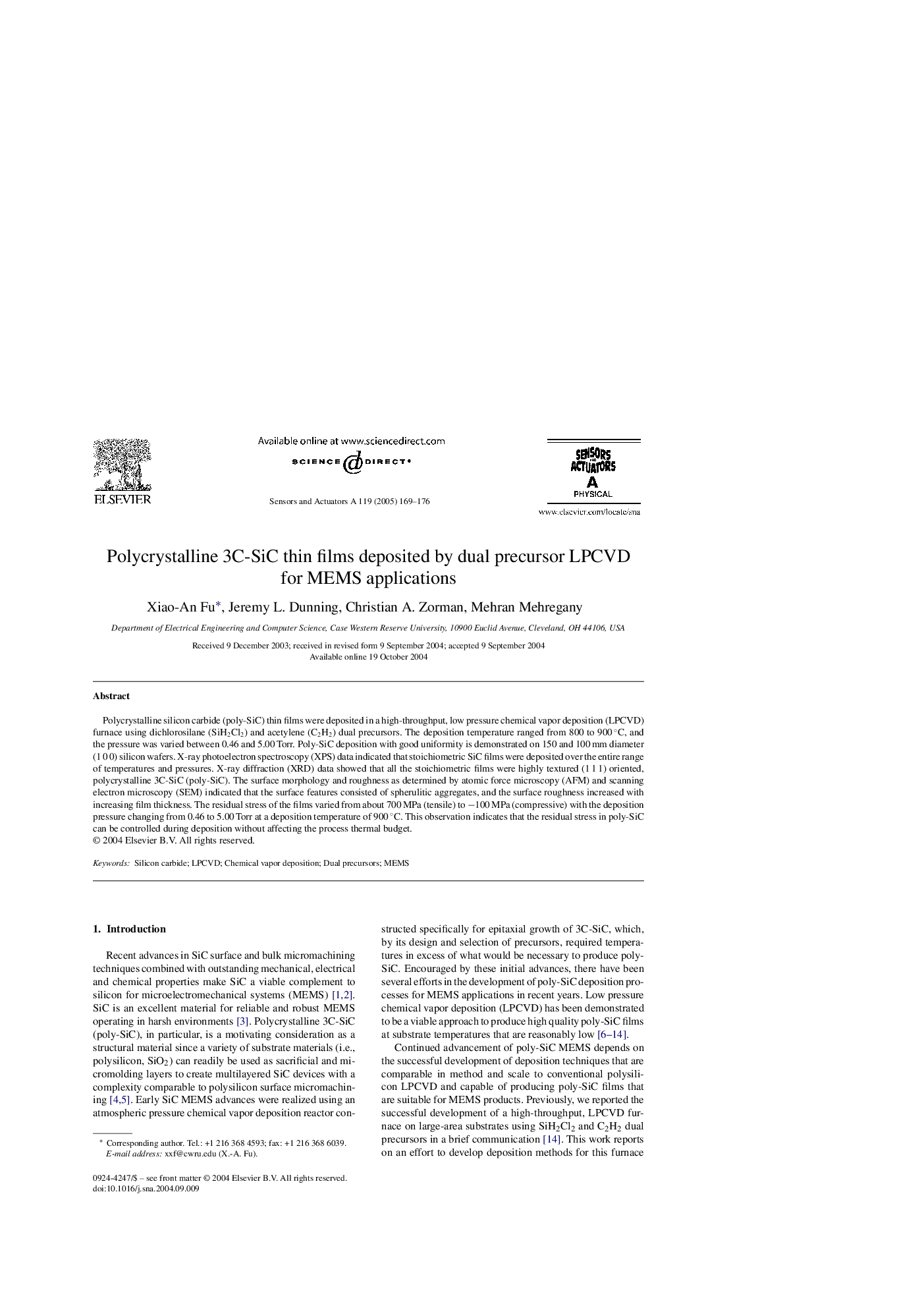 Polycrystalline 3C-SiC thin films deposited by dual precursor LPCVD for MEMS applications