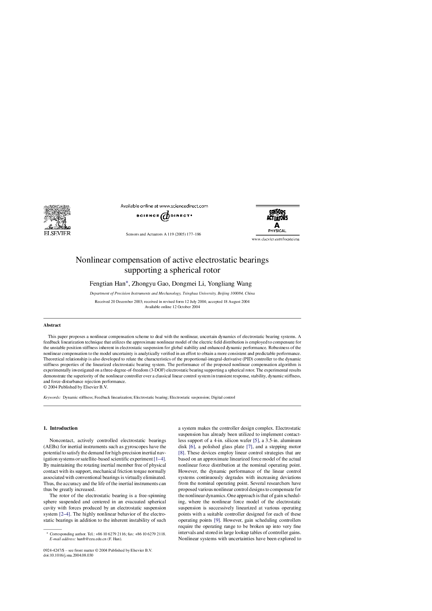 Nonlinear compensation of active electrostatic bearings supporting a spherical rotor