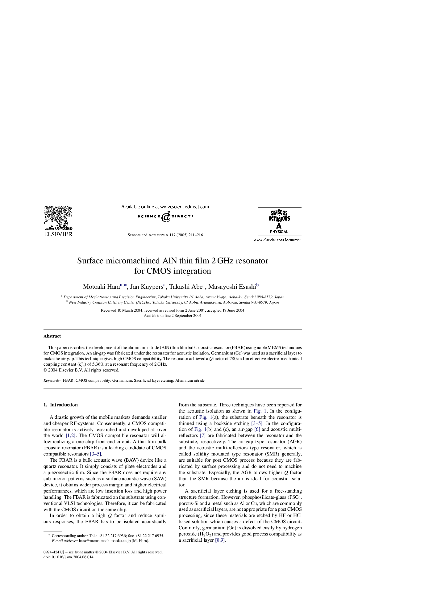 Surface micromachined AlN thin film 2Â GHz resonator for CMOS integration