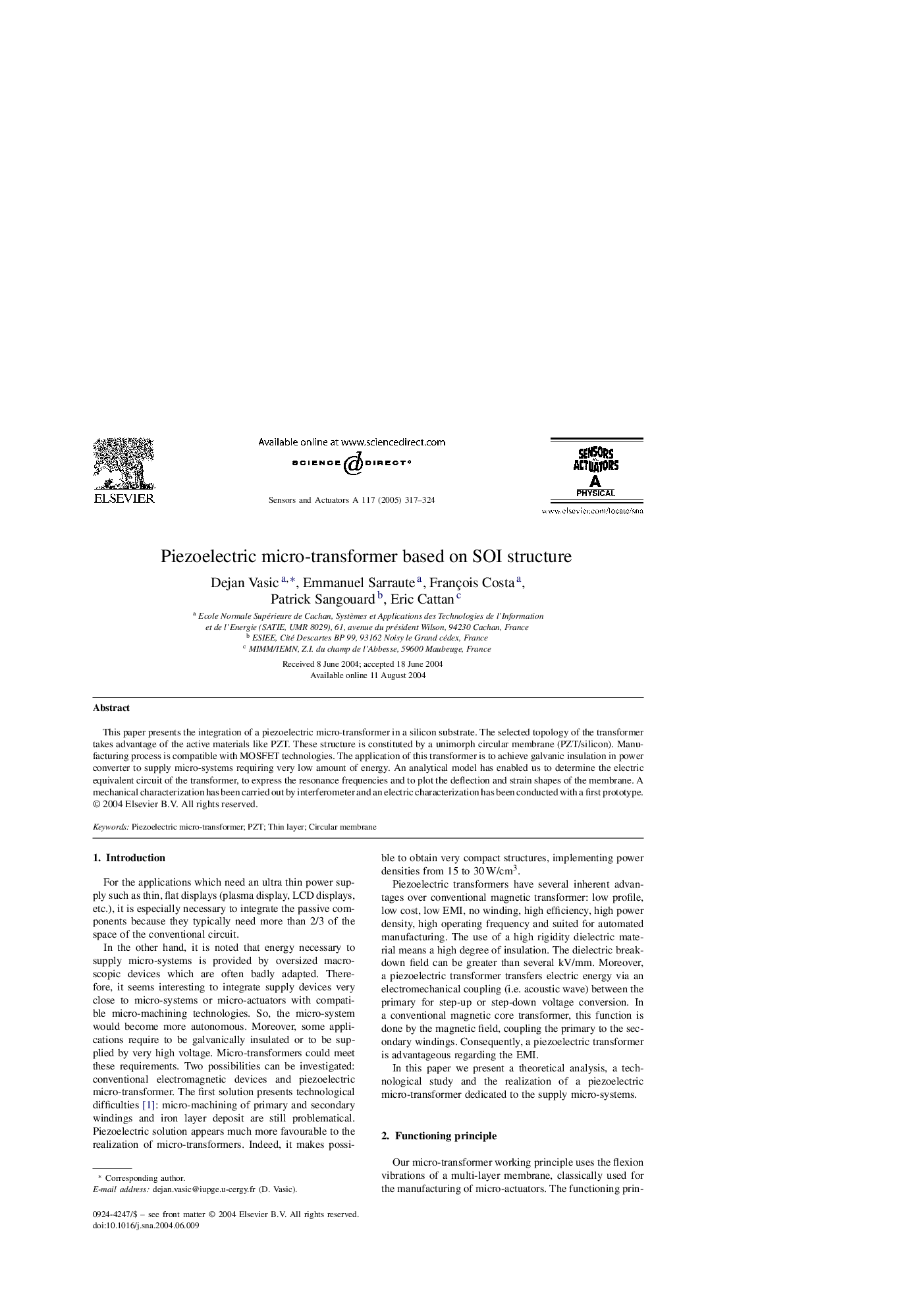 Piezoelectric micro-transformer based on SOI structure