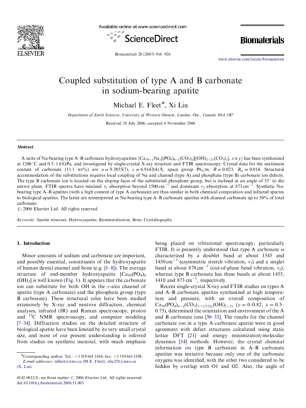 Coupled substitution of type A and B carbonate in sodium-bearing apatite