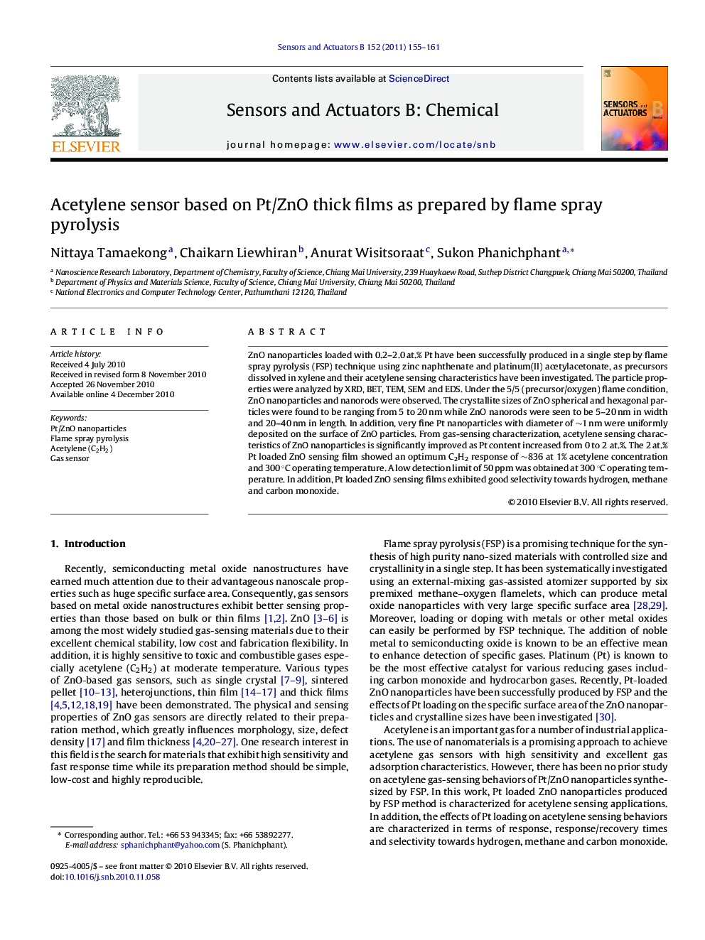 Acetylene sensor based on Pt/ZnO thick films as prepared by flame spray pyrolysis