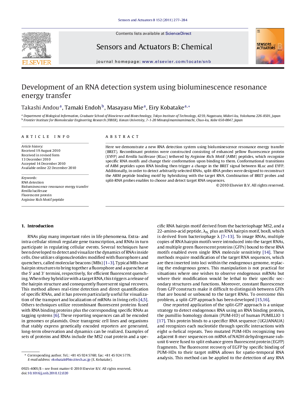 Development of an RNA detection system using bioluminescence resonance energy transfer