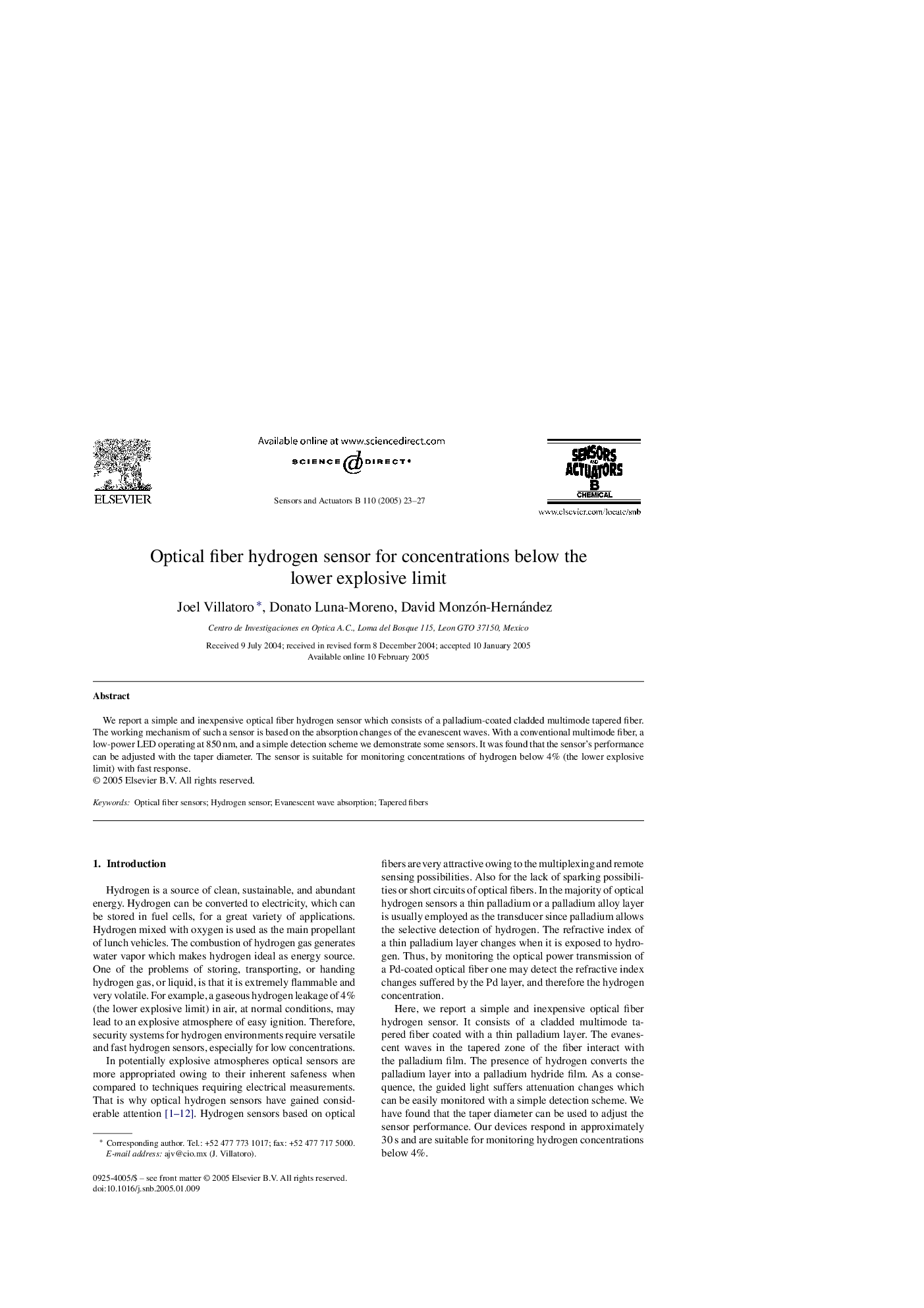 Optical fiber hydrogen sensor for concentrations below the lower explosive limit