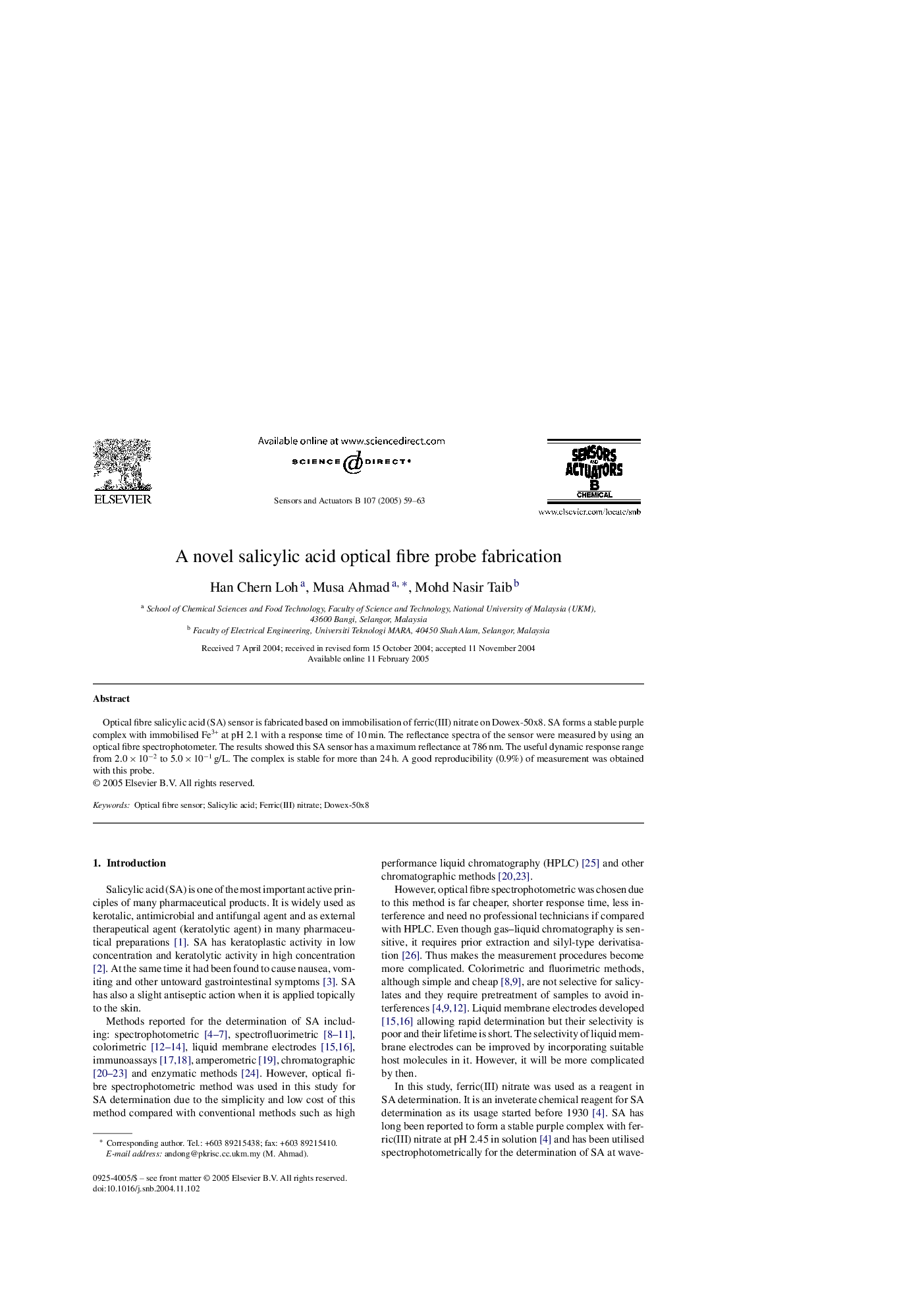 A novel salicylic acid optical fibre probe fabrication