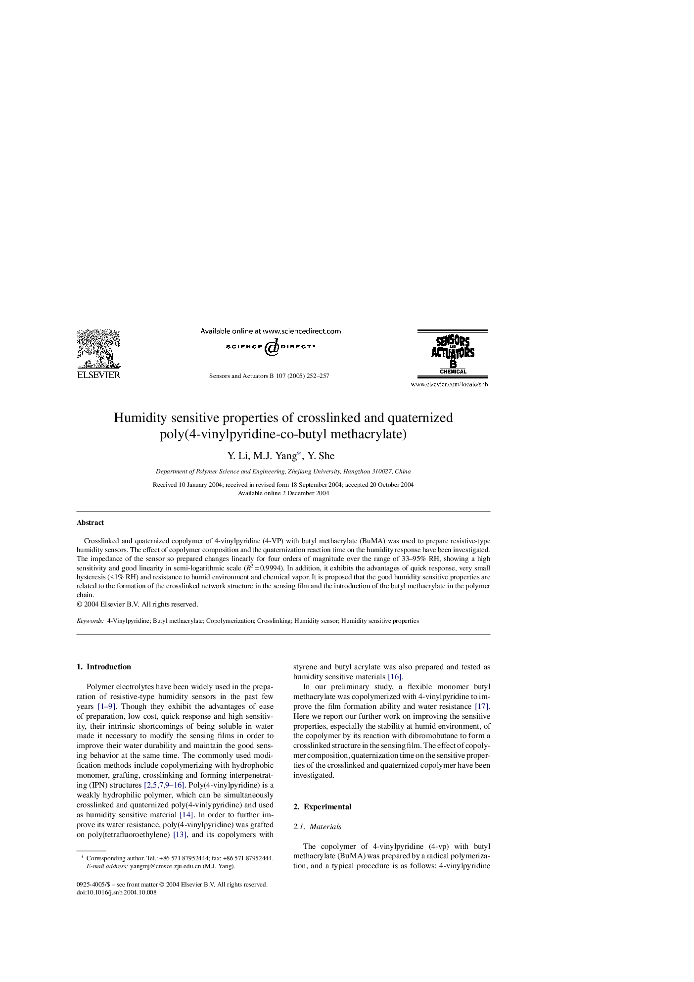 Humidity sensitive properties of crosslinked and quaternized poly(4-vinylpyridine-co-butyl methacrylate)