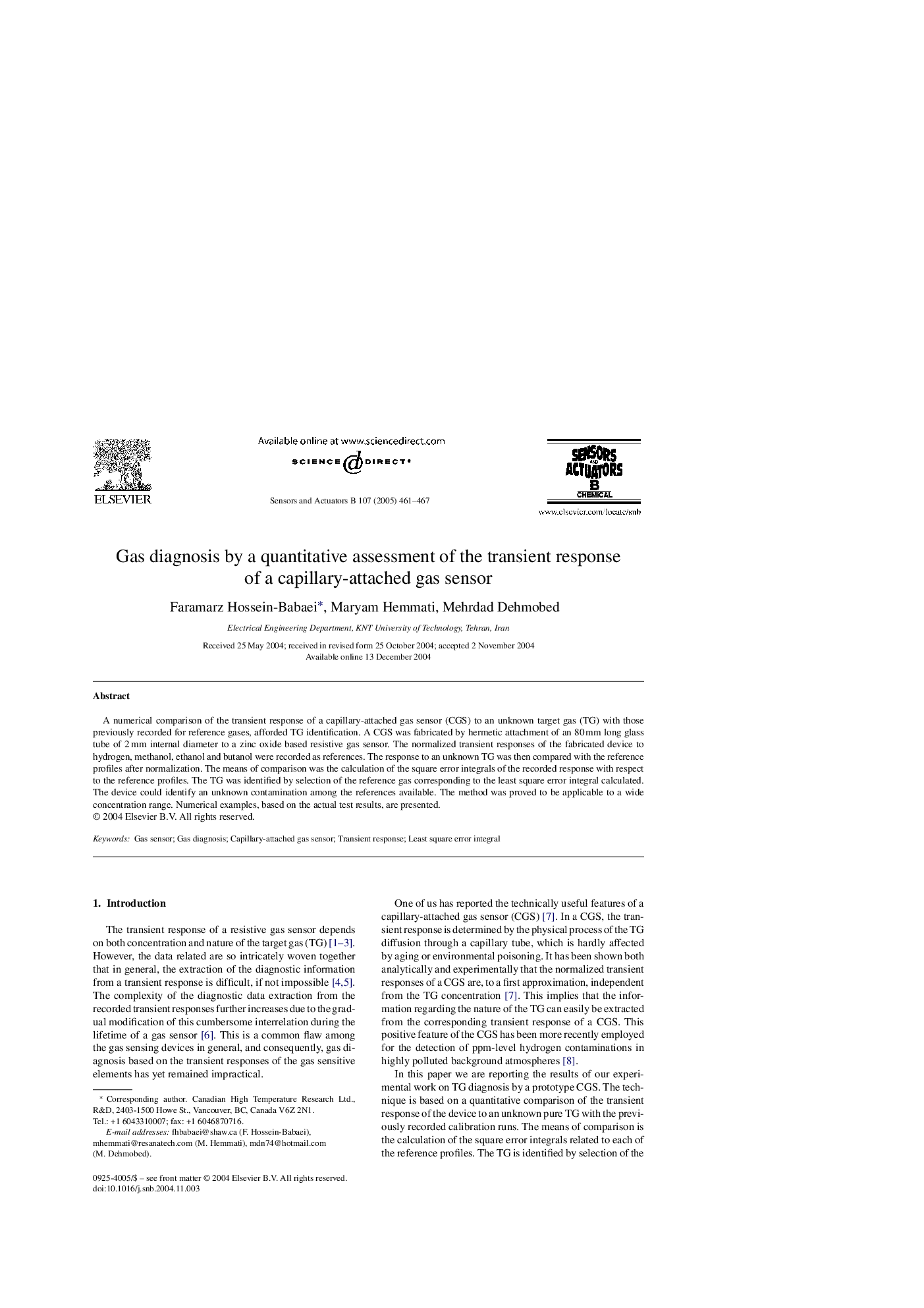 Gas diagnosis by a quantitative assessment of the transient response of a capillary-attached gas sensor