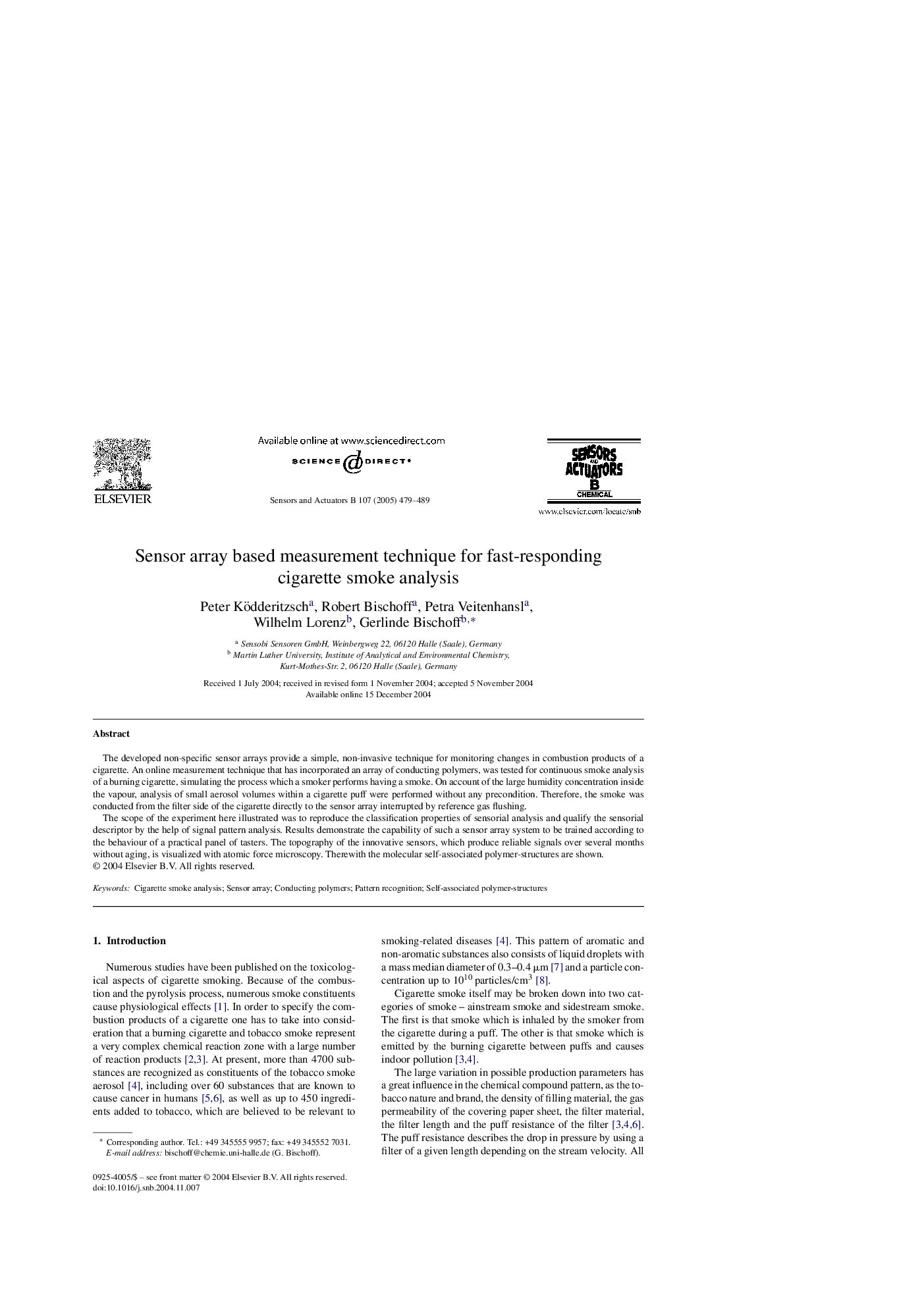 Sensor array based measurement technique for fast-responding cigarette smoke analysis