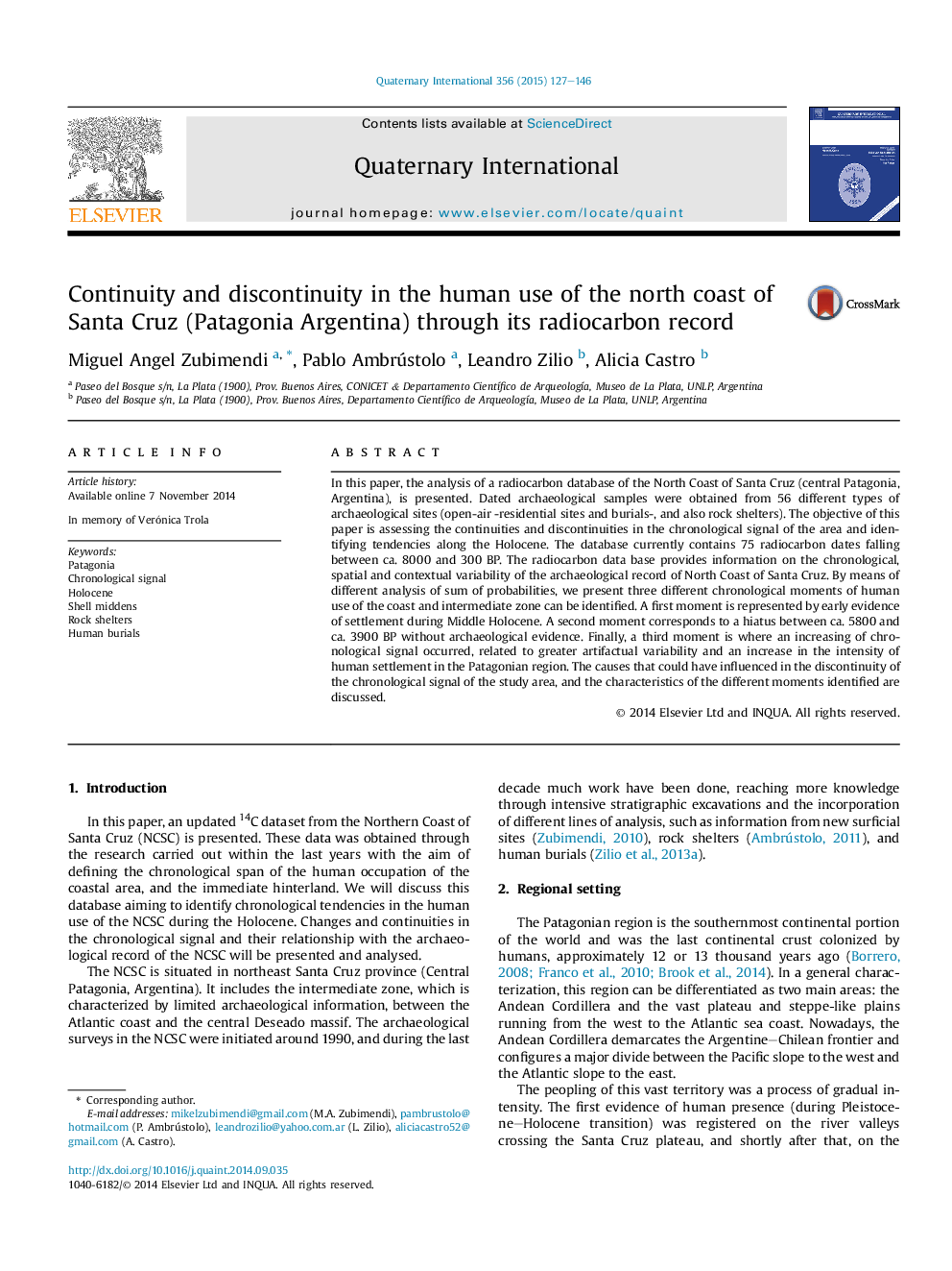 Continuity and discontinuity in the human use of the north coast of Santa Cruz (Patagonia Argentina) through its radiocarbon record