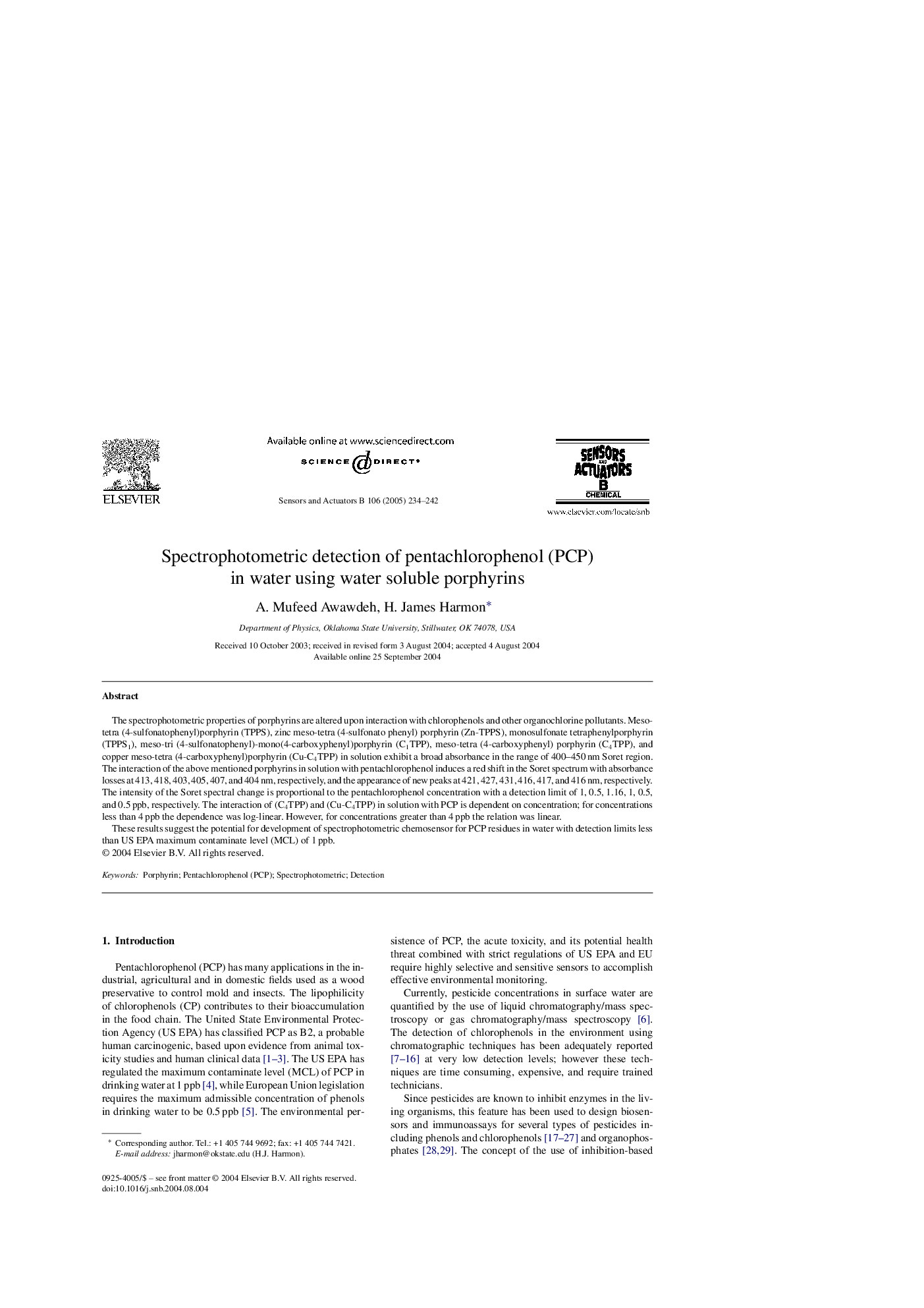 Spectrophotometric detection of pentachlorophenol (PCP) in water using water soluble porphyrins