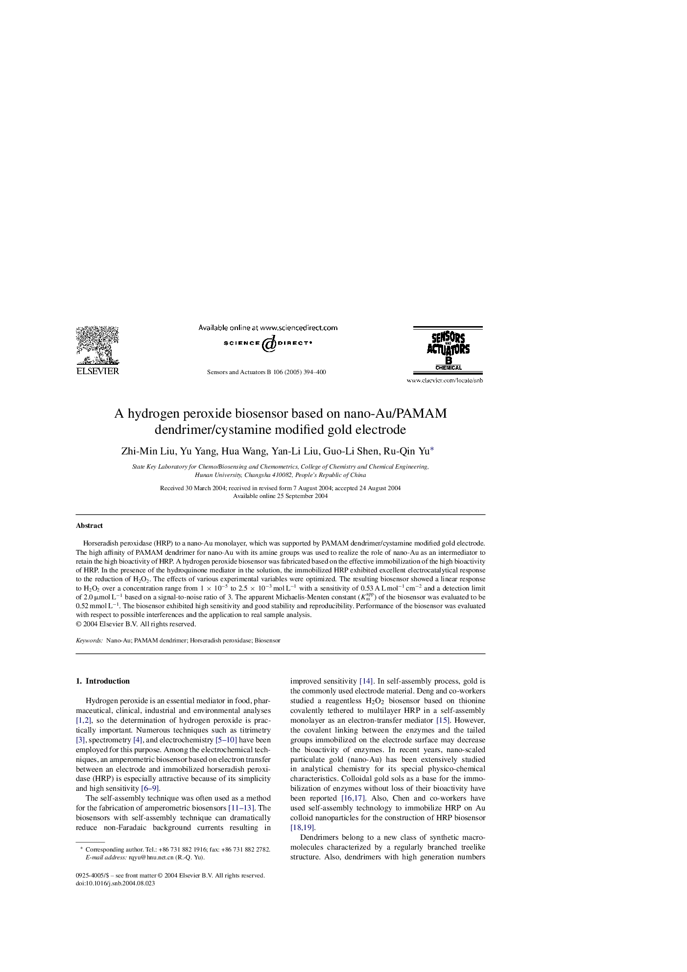 A hydrogen peroxide biosensor based on nano-Au/PAMAM dendrimer/cystamine modified gold electrode