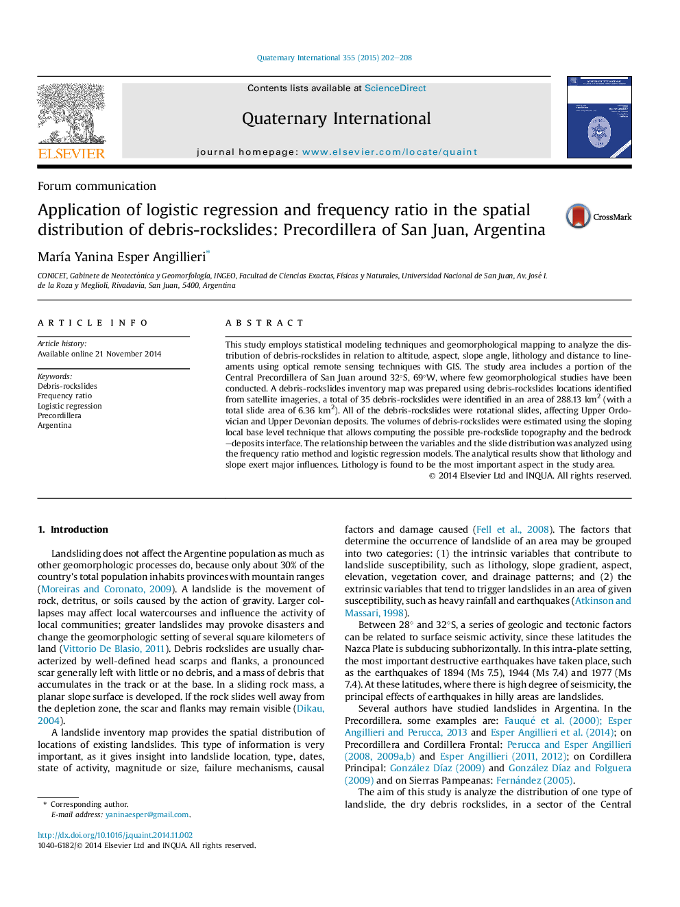 Application of logistic regression and frequency ratio in the spatial distribution of debris-rockslides: Precordillera of San Juan, Argentina