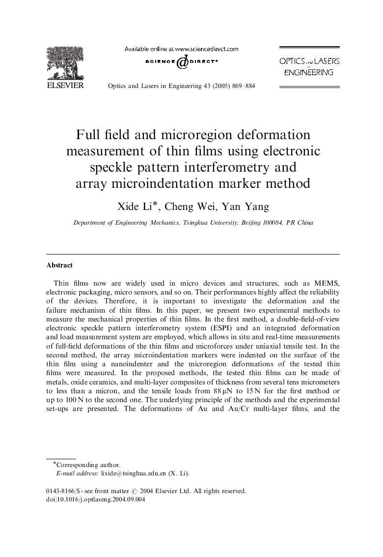 Full field and microregion deformation measurement of thin films using electronic speckle pattern interferometry and array microindentation marker method