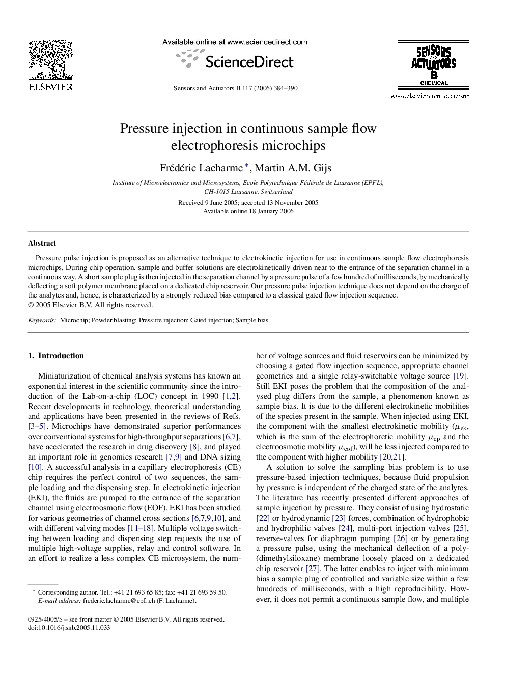 Pressure injection in continuous sample flow electrophoresis microchips