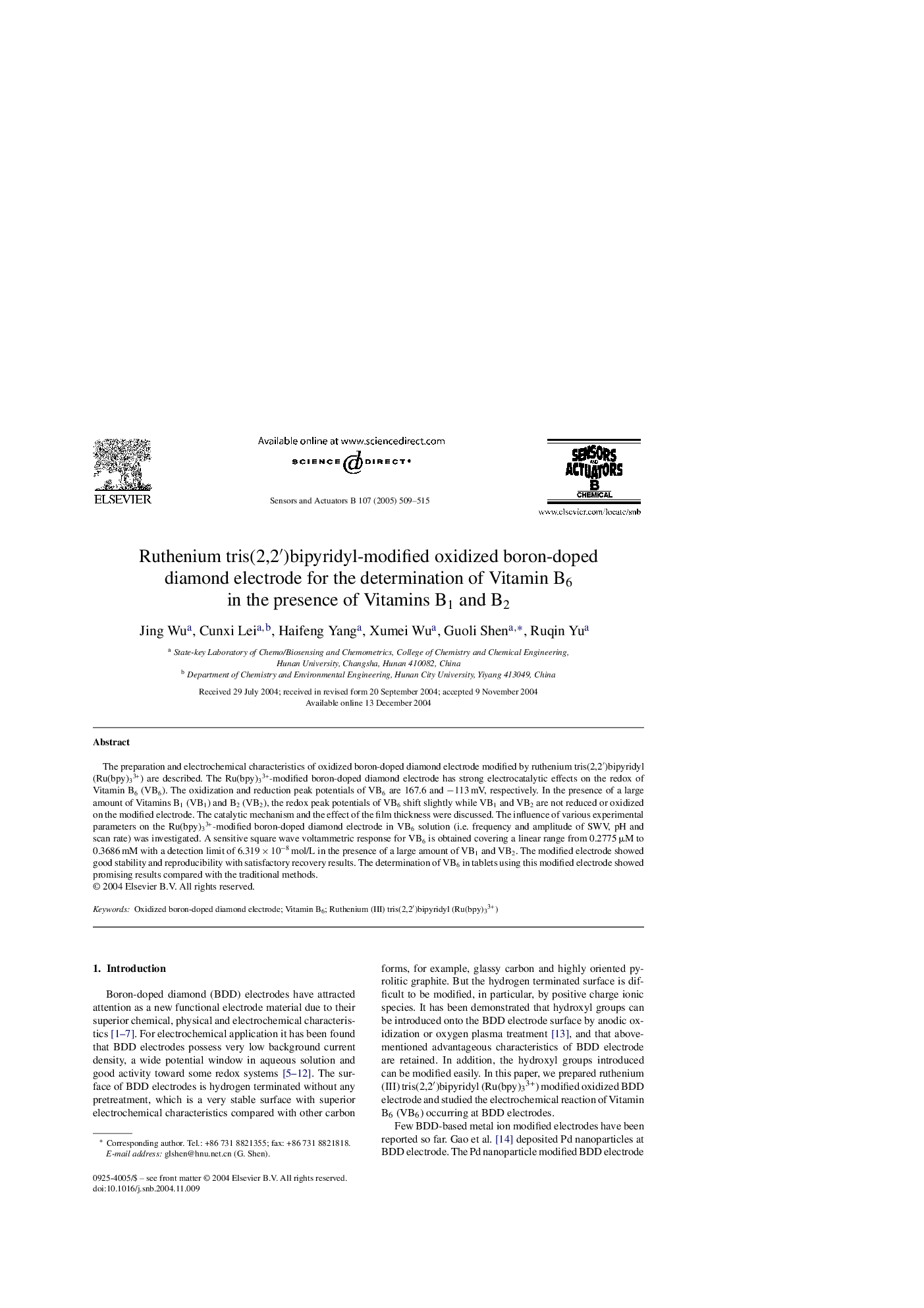 Ruthenium tris(2,2â²)bipyridyl-modified oxidized boron-doped diamond electrode for the determination of Vitamin B6 in the presence of Vitamins B1 and B2