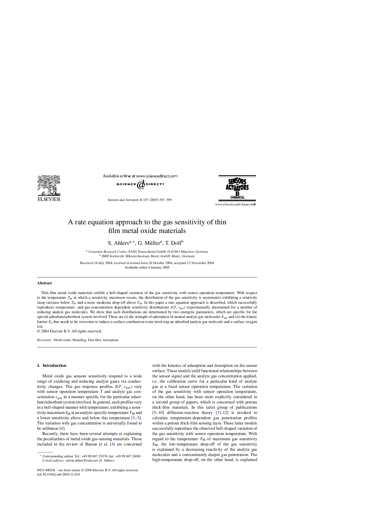 A rate equation approach to the gas sensitivity of thin film metal oxide materials