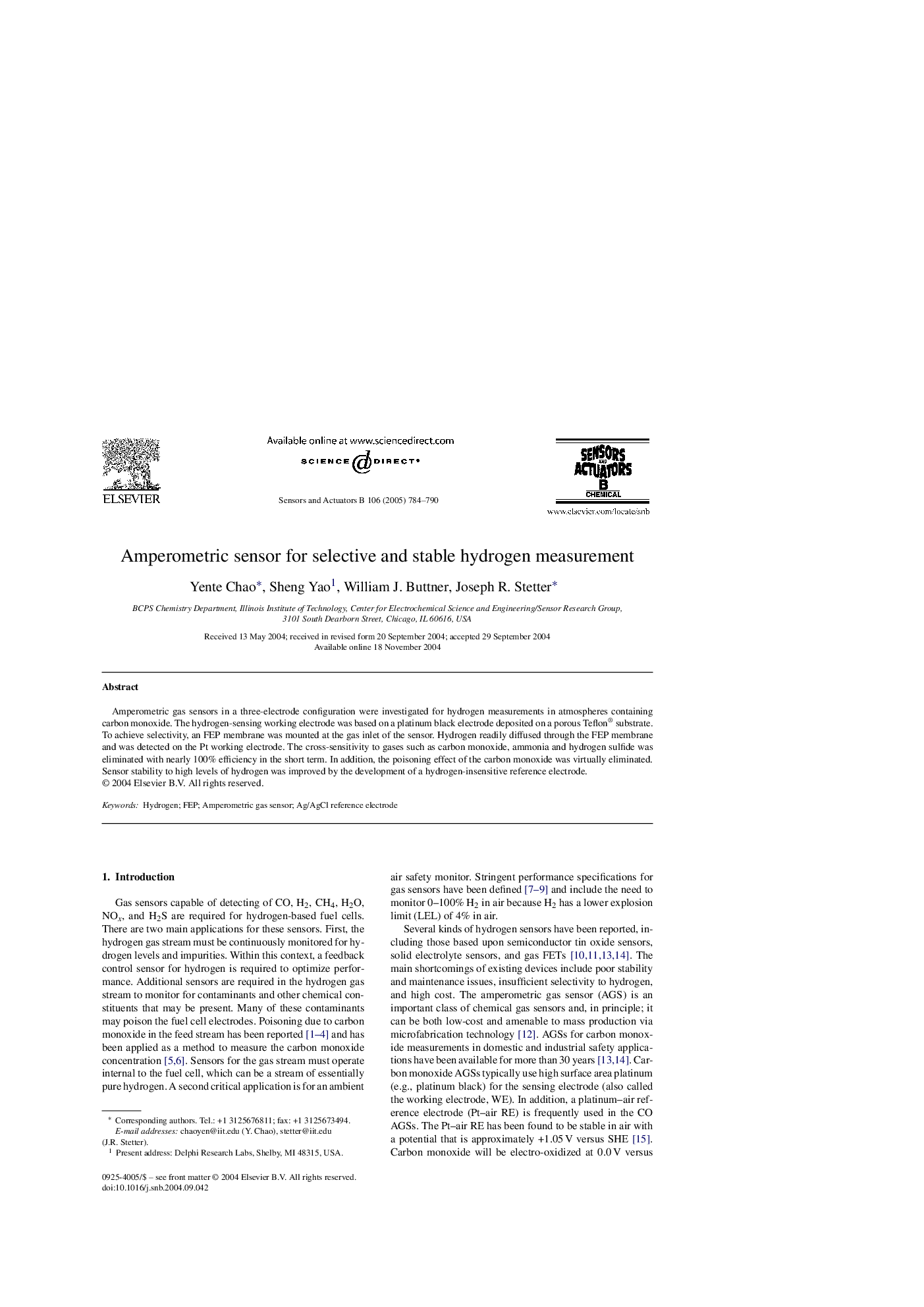 Amperometric sensor for selective and stable hydrogen measurement