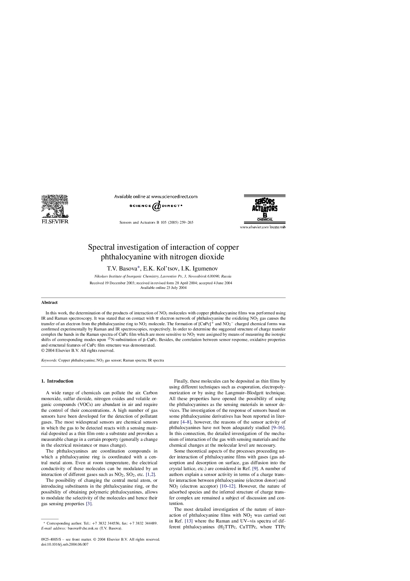 Spectral investigation of interaction of copper phthalocyanine with nitrogen dioxide