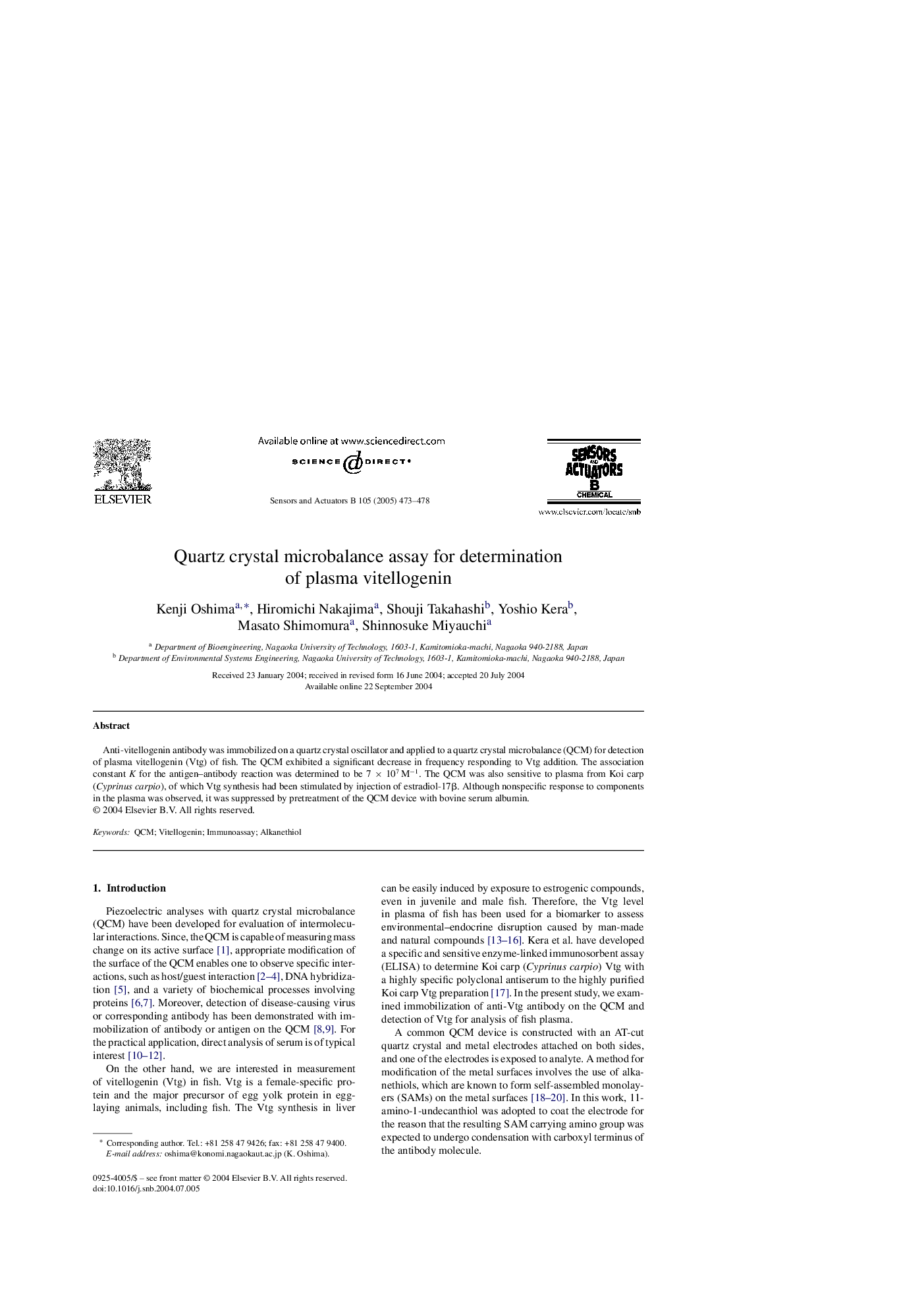 Quartz crystal microbalance assay for determination of plasma vitellogenin