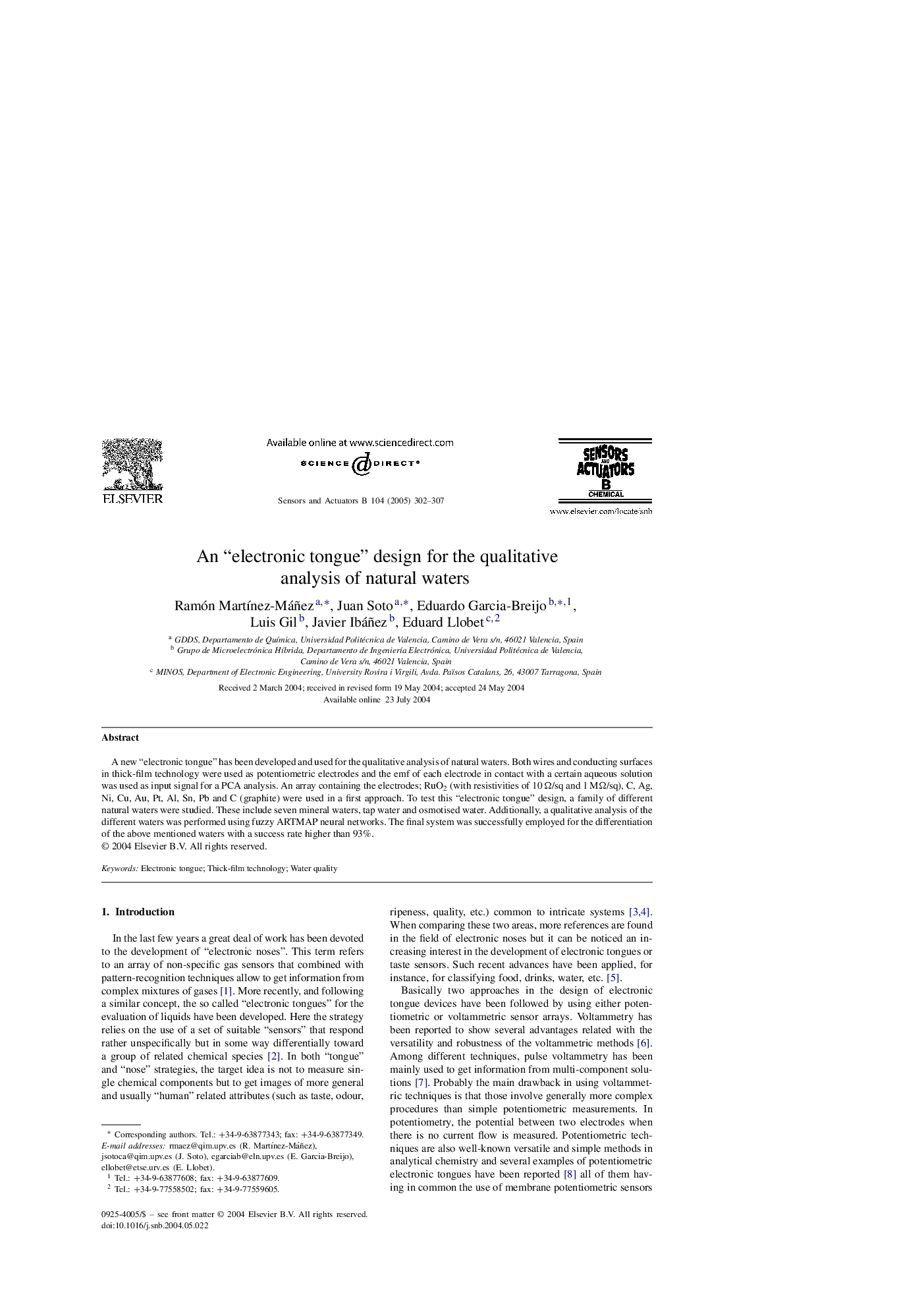 An “electronic tongue” design for the qualitative analysis of natural waters