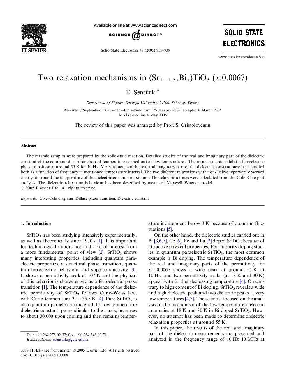 Two relaxation mechanisms in (Sr1â1.5xBix)TiO3 (x:0.0067)