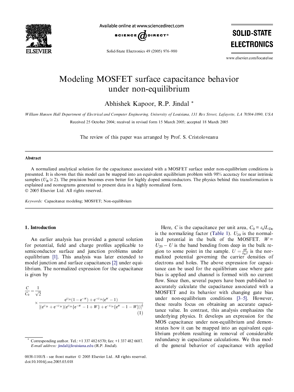 Modeling MOSFET surface capacitance behavior under non-equilibrium