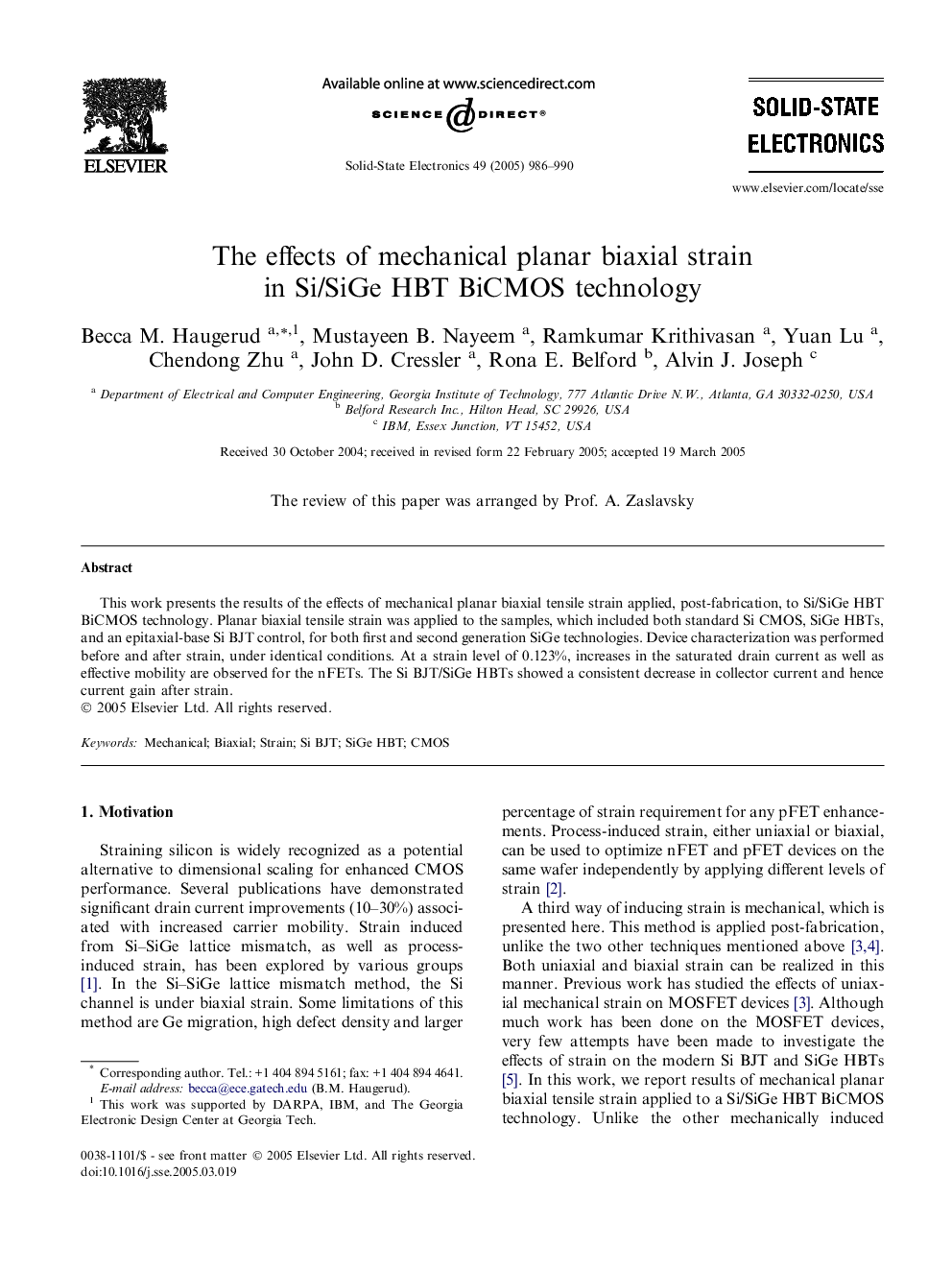 The effects of mechanical planar biaxial strain in Si/SiGe HBT BiCMOS technology