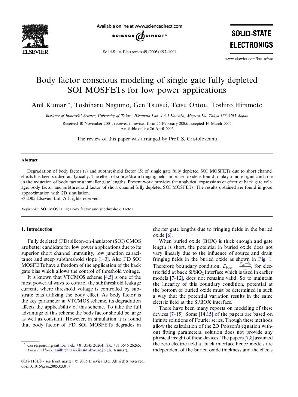 Body factor conscious modeling of single gate fully depleted SOI MOSFETs for low power applications