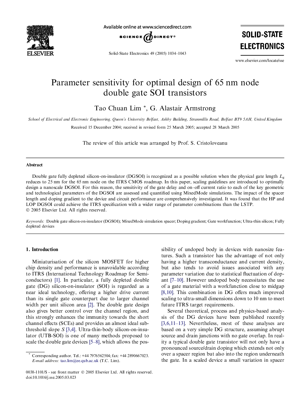 Parameter sensitivity for optimal design of 65Â nm node double gate SOI transistors