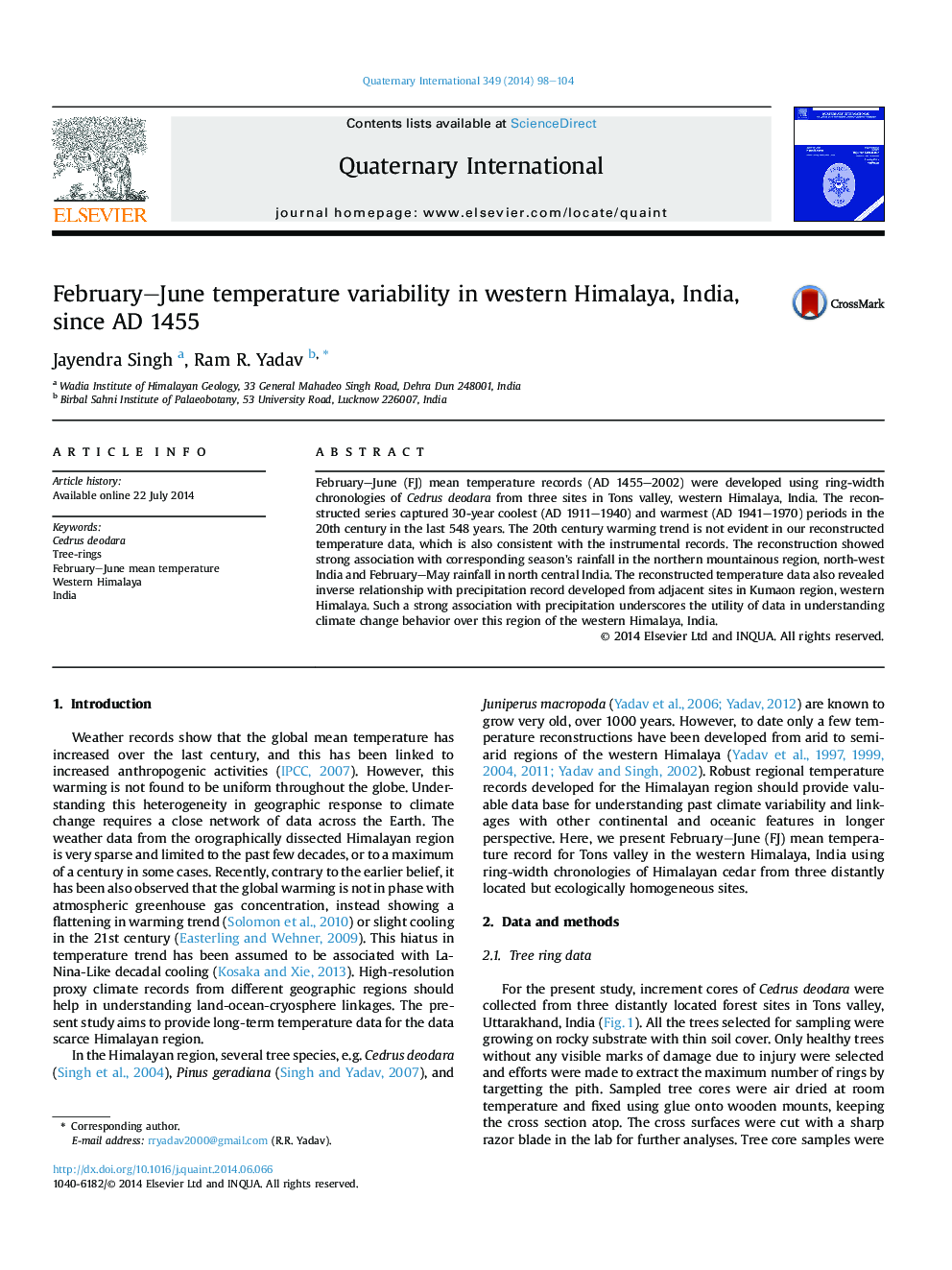 February–June temperature variability in western Himalaya, India, since AD 1455