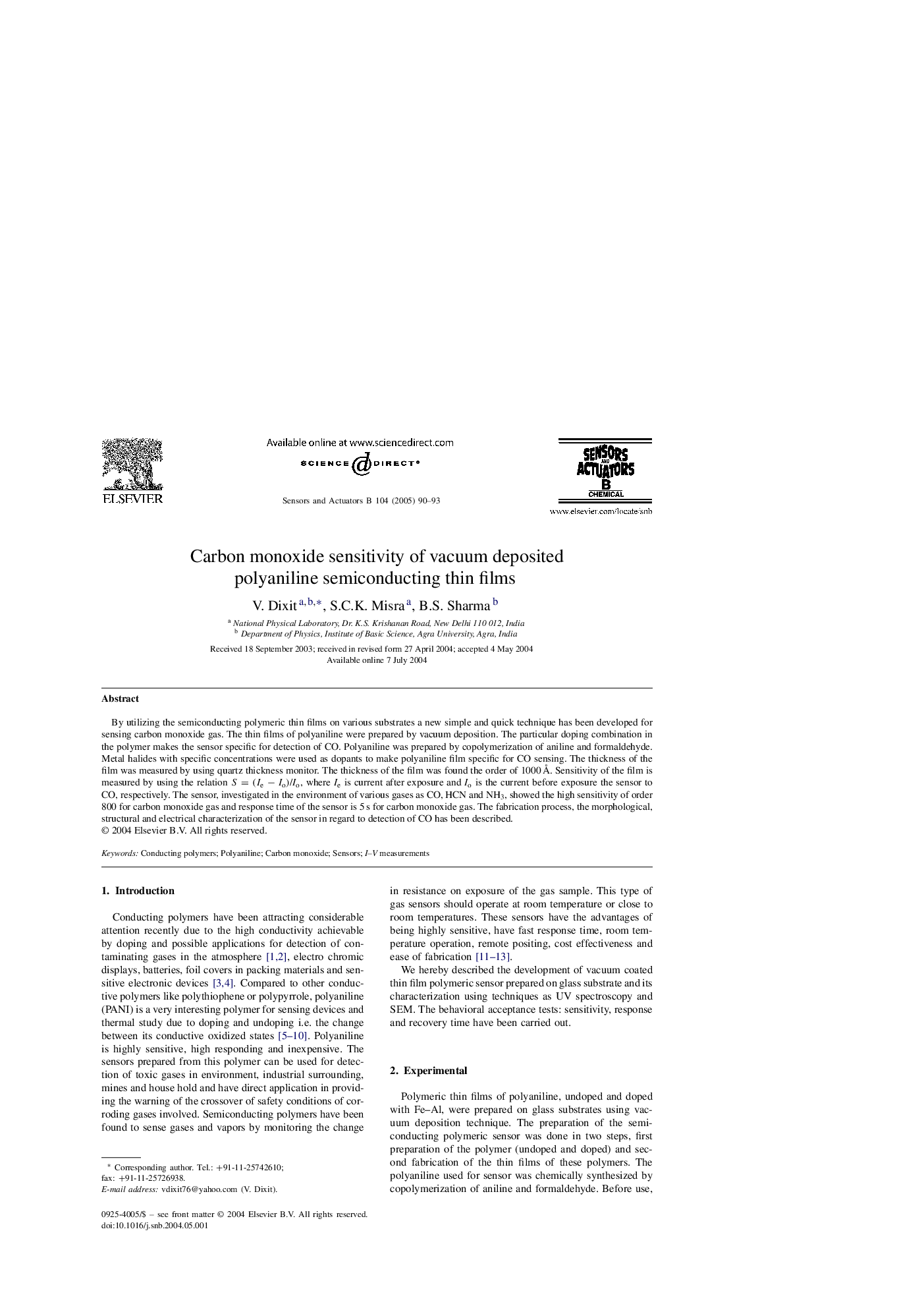 Carbon monoxide sensitivity of vacuum deposited polyaniline semiconducting thin films