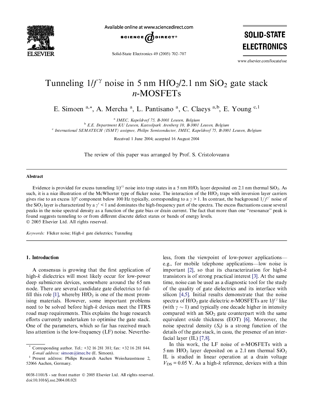 Tunneling 1/fÎ³ noise in 5Â nm HfO2/2.1Â nm SiO2 gate stack n-MOSFETs