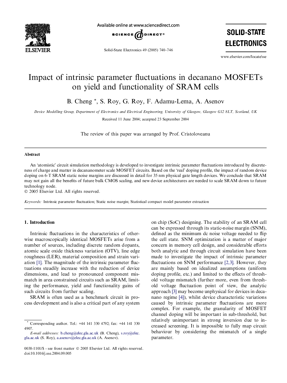 Impact of intrinsic parameter fluctuations in decanano MOSFETs on yield and functionality of SRAM cells