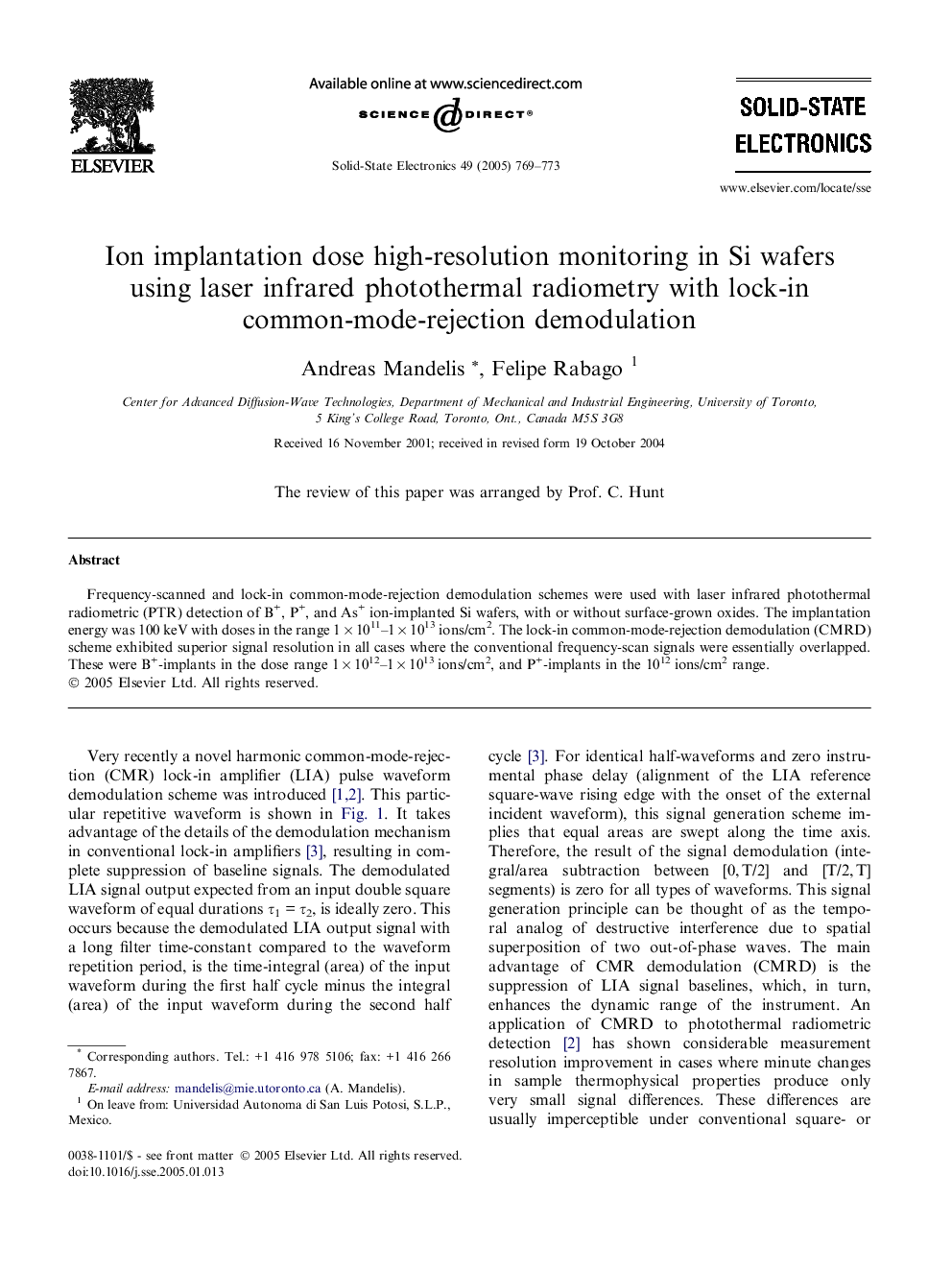 Ion implantation dose high-resolution monitoring in Si wafers using laser infrared photothermal radiometry with lock-in common-mode-rejection demodulation