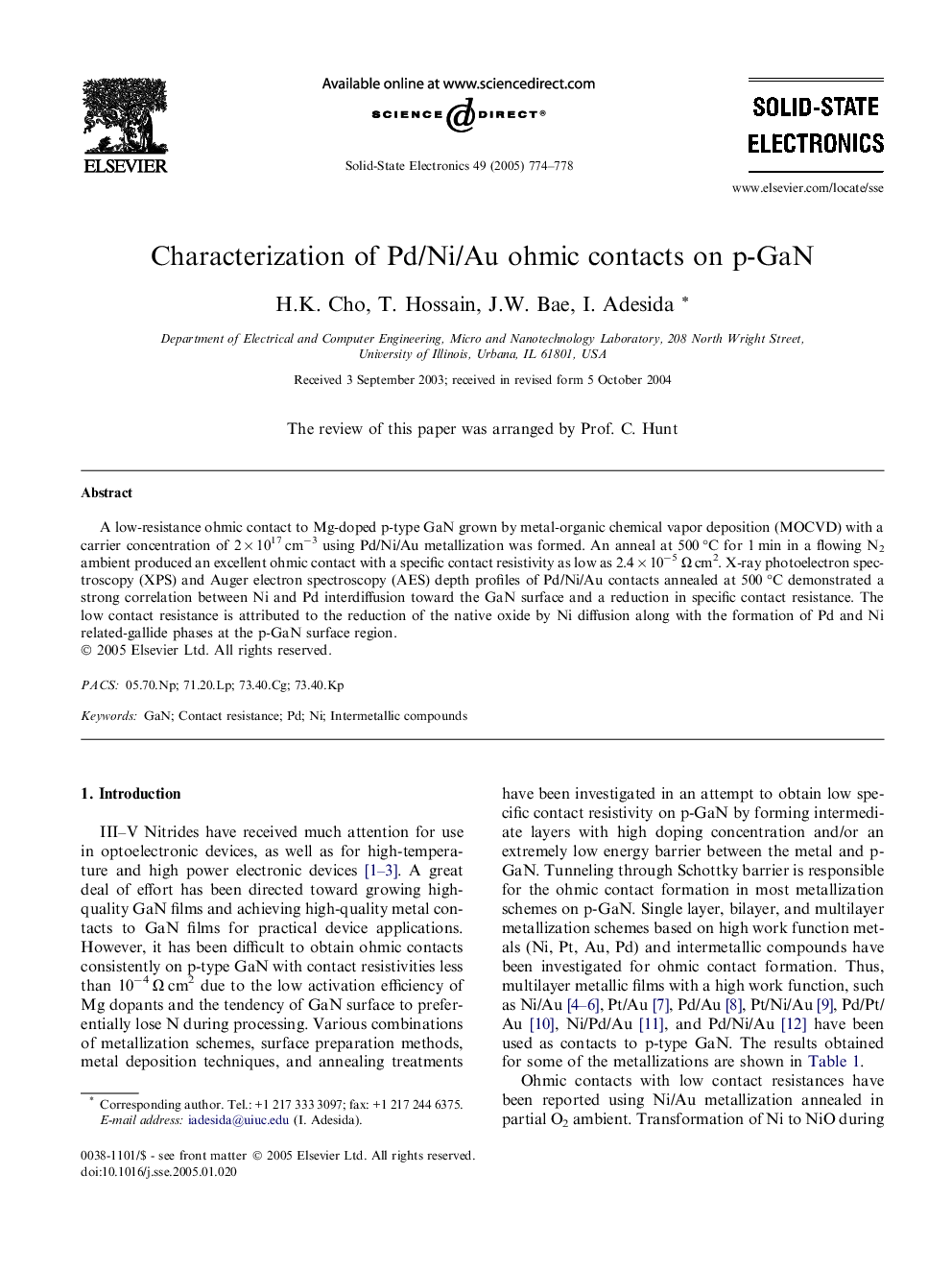 Characterization of Pd/Ni/Au ohmic contacts on p-GaN