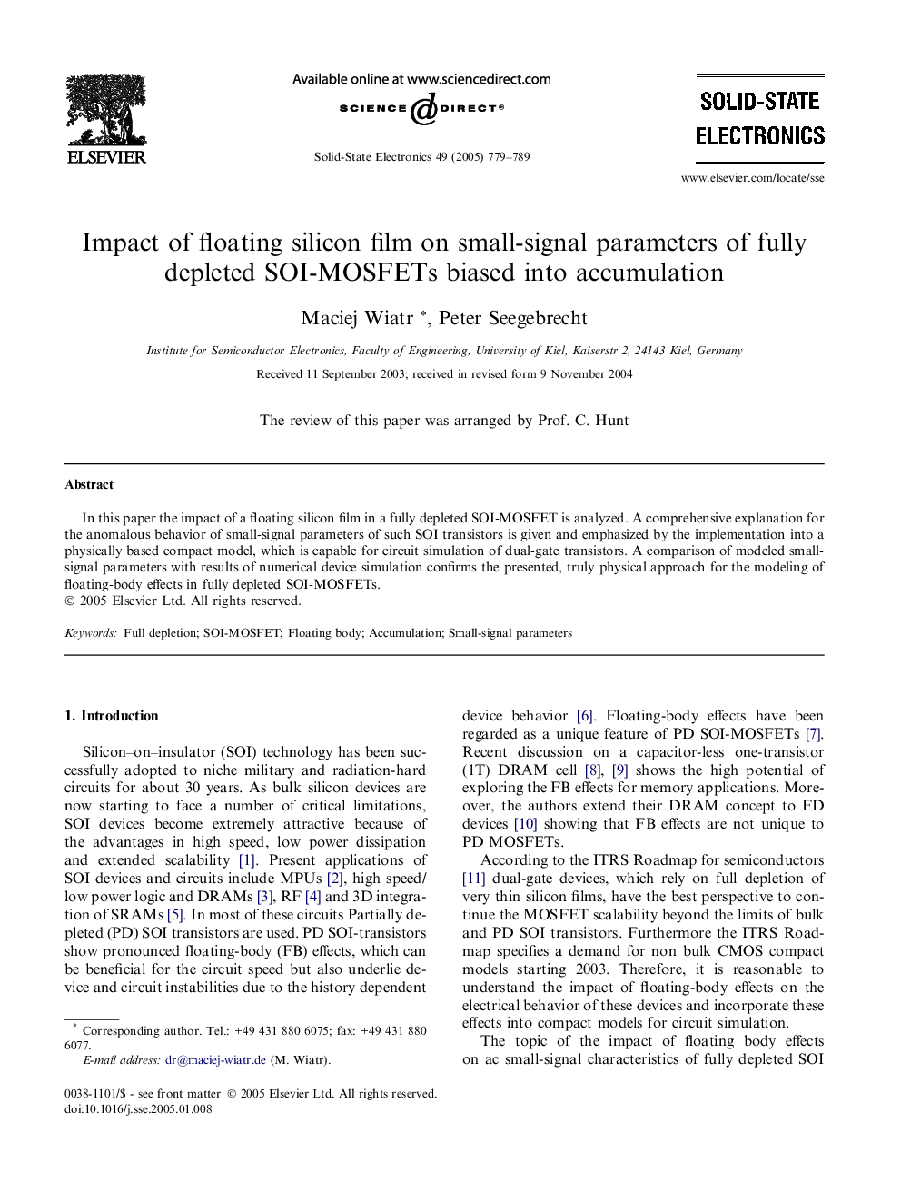 Impact of floating silicon film on small-signal parameters of fully depleted SOI-MOSFETs biased into accumulation