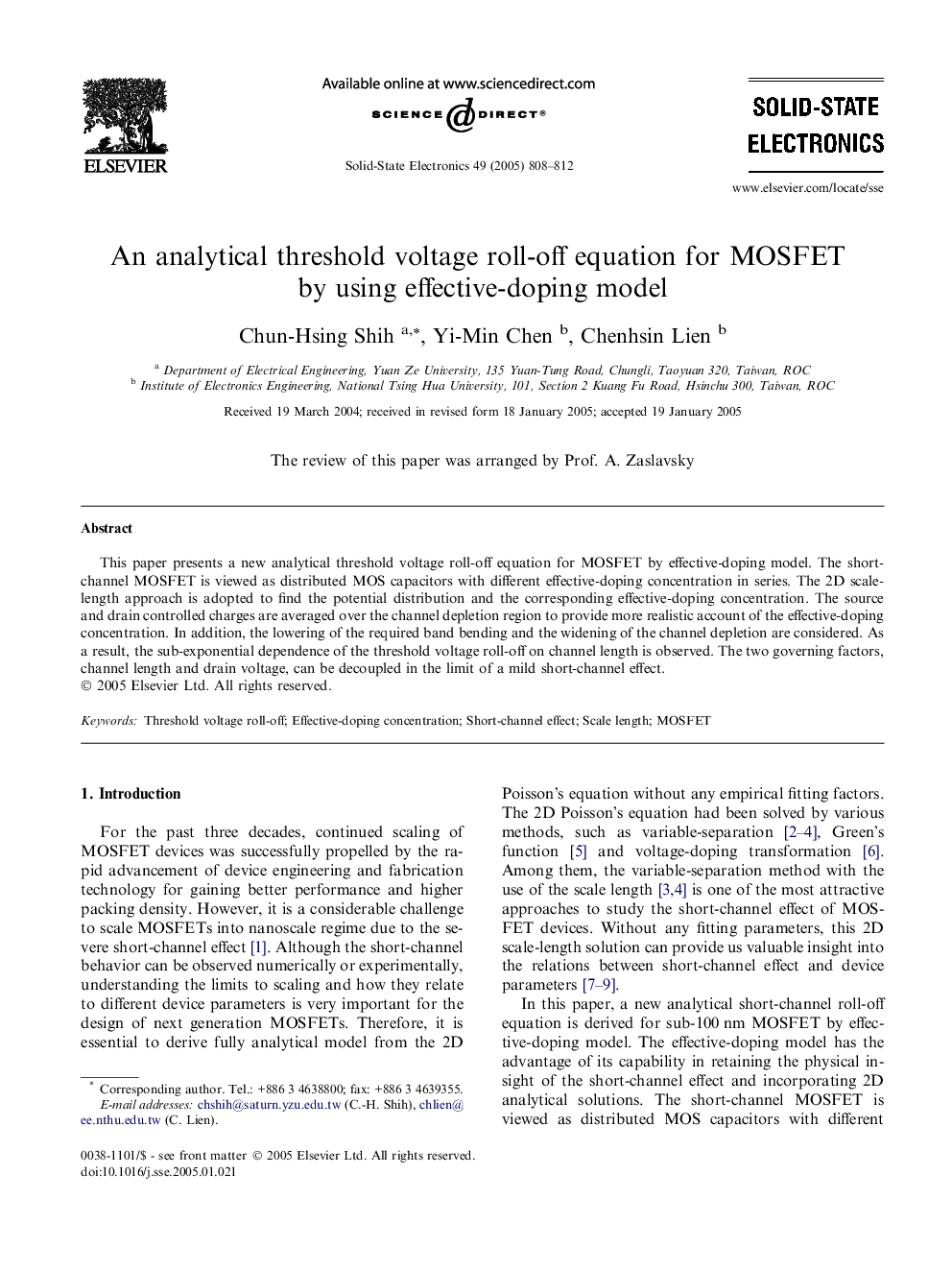 An analytical threshold voltage roll-off equation for MOSFET by using effective-doping model