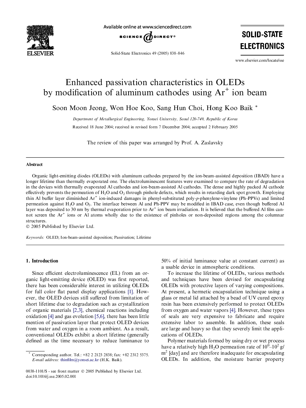 Enhanced passivation characteristics in OLEDs by modification of aluminum cathodes using Ar+ ion beam