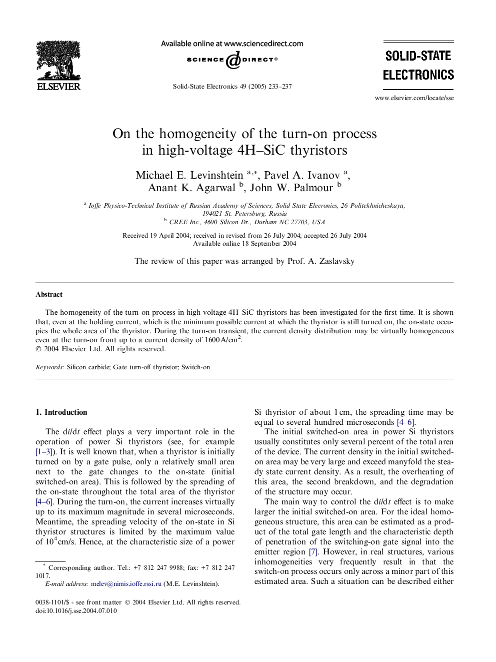 On the homogeneity of the turn-on process in high-voltage 4H-SiC thyristors