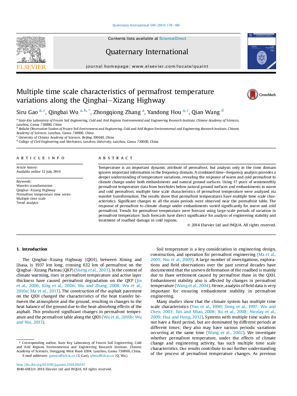 Multiple time scale characteristics of permafrost temperature variations along the Qinghai–Xizang Highway