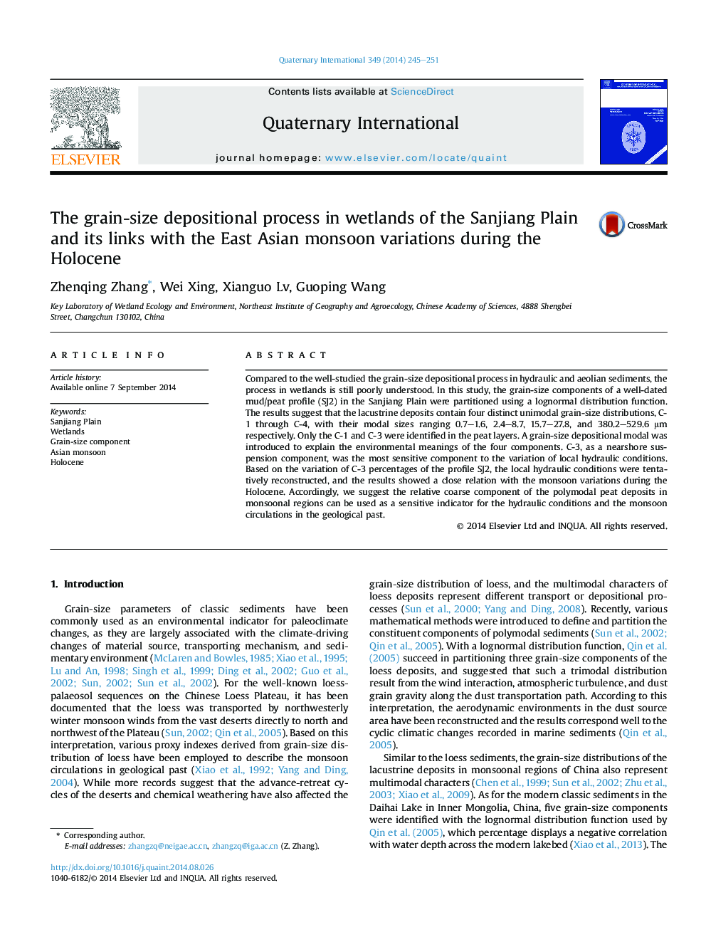 The grain-size depositional process in wetlands of the Sanjiang Plain and its links with the East Asian monsoon variations during the Holocene