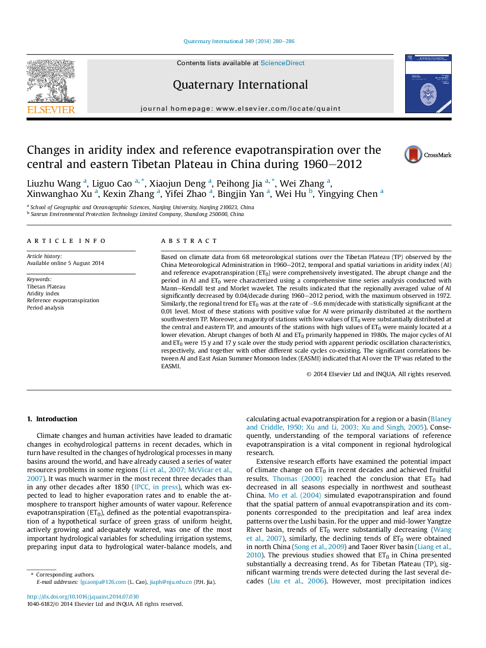 Changes in aridity index and reference evapotranspiration over the central and eastern Tibetan Plateau in China during 1960–2012