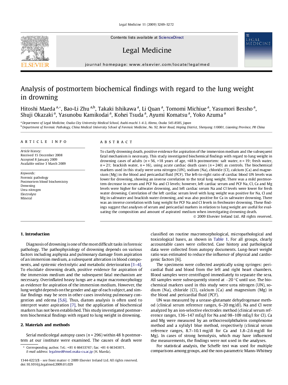 Analysis of postmortem biochemical findings with regard to the lung weight in drowning