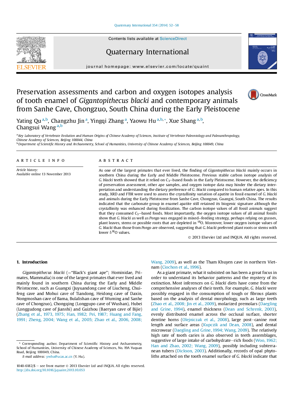 Preservation assessments and carbon and oxygen isotopes analysis of tooth enamel of Gigantopithecus blacki and contemporary animals from Sanhe Cave, Chongzuo, South China during the Early Pleistocene