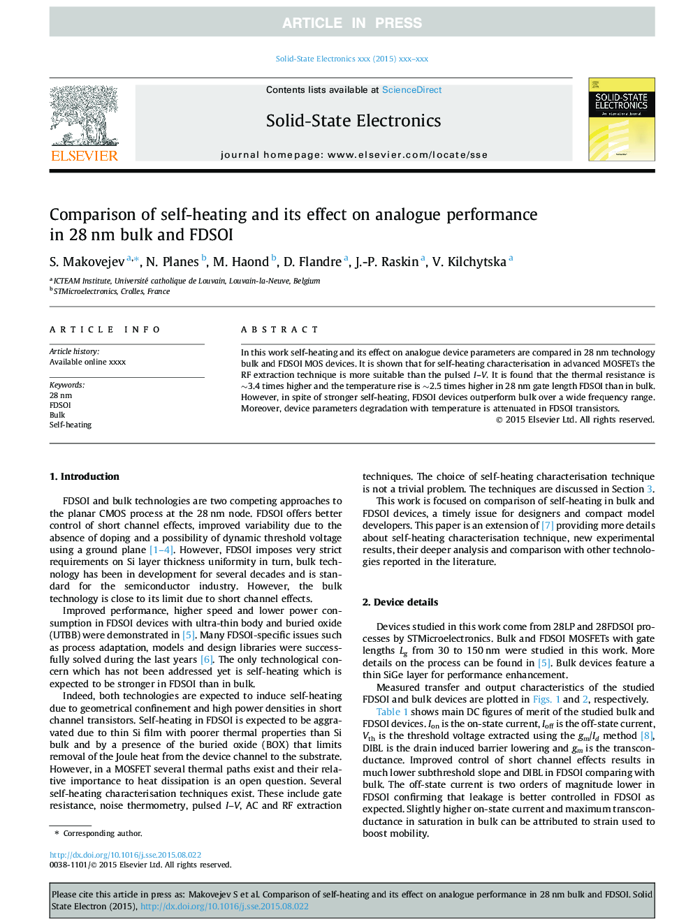 Comparison of self-heating and its effect on analogue performance in 28Â nm bulk and FDSOI